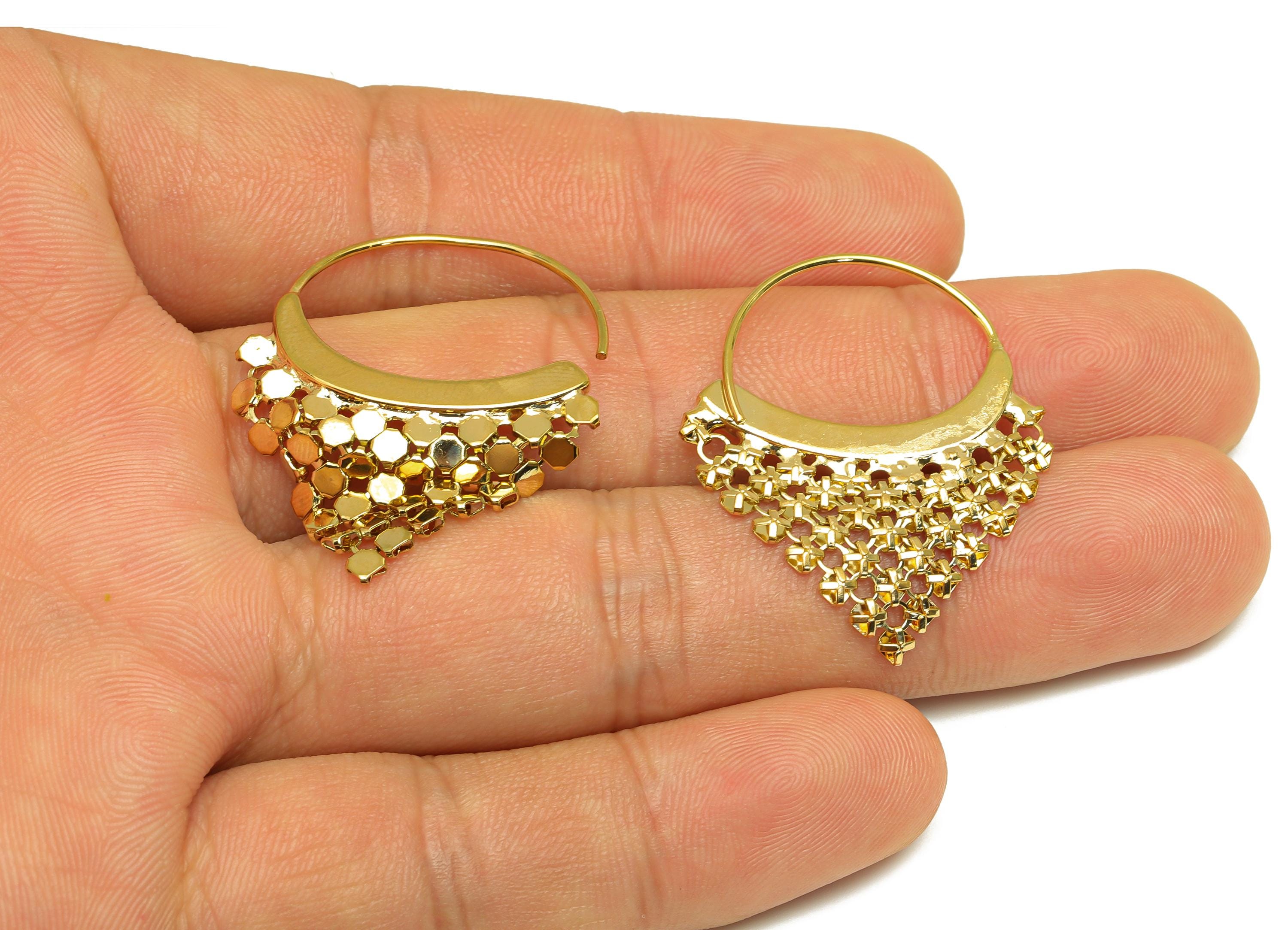 Brass Triangle Mesh Ear - Gold Triangle Mesh Earring Wire - Textured Mesh Circle Earring Wire - 18K Real Gold Plating - 40mm - RGP7724 - DOMEDBAZAAR