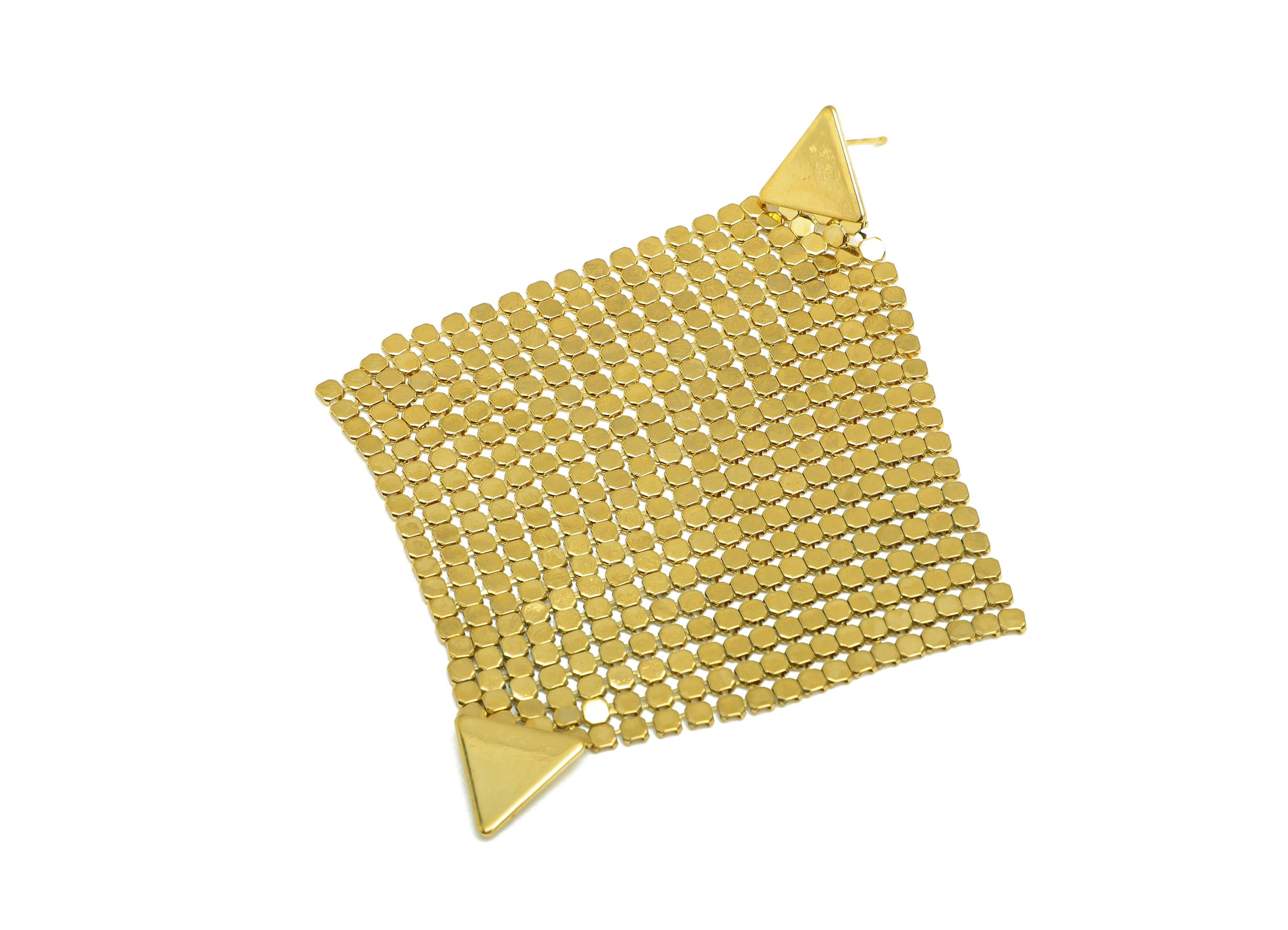 Brass Triangle Earring - Gold Square Mesh Earring Stud - Geometric Square Mesh Earring Post - 18K Real Gold Plating - 90mm - RGP7726 - DOMEDBAZAAR
