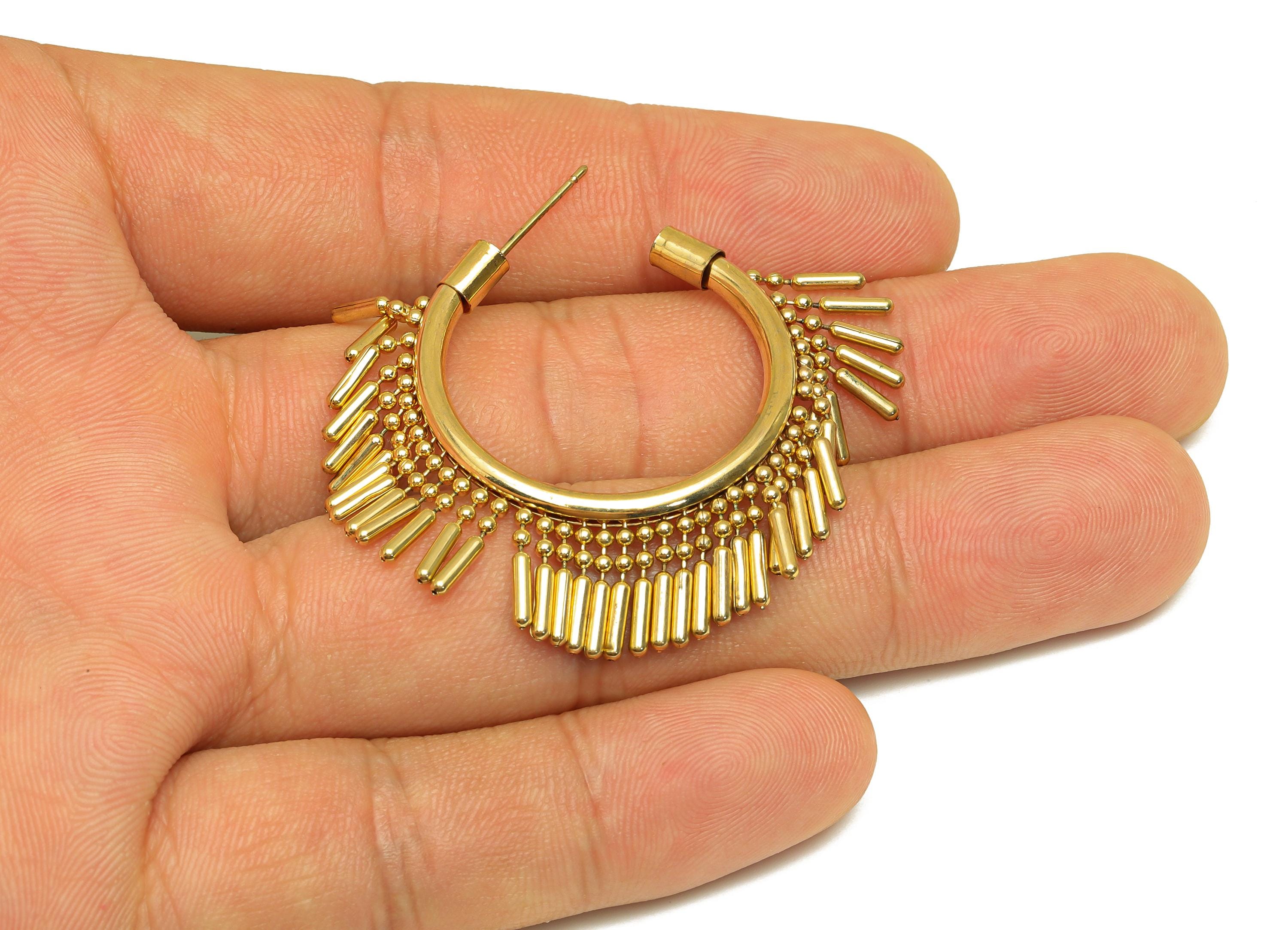 Brass Beads Chain Ear - Gold Open Round C Tassel Earring Stud - Open Circle Beads Chain Earring Post - 18K Real Gold Plating- 40mm - RGP7729 - DOMEDBAZAAR