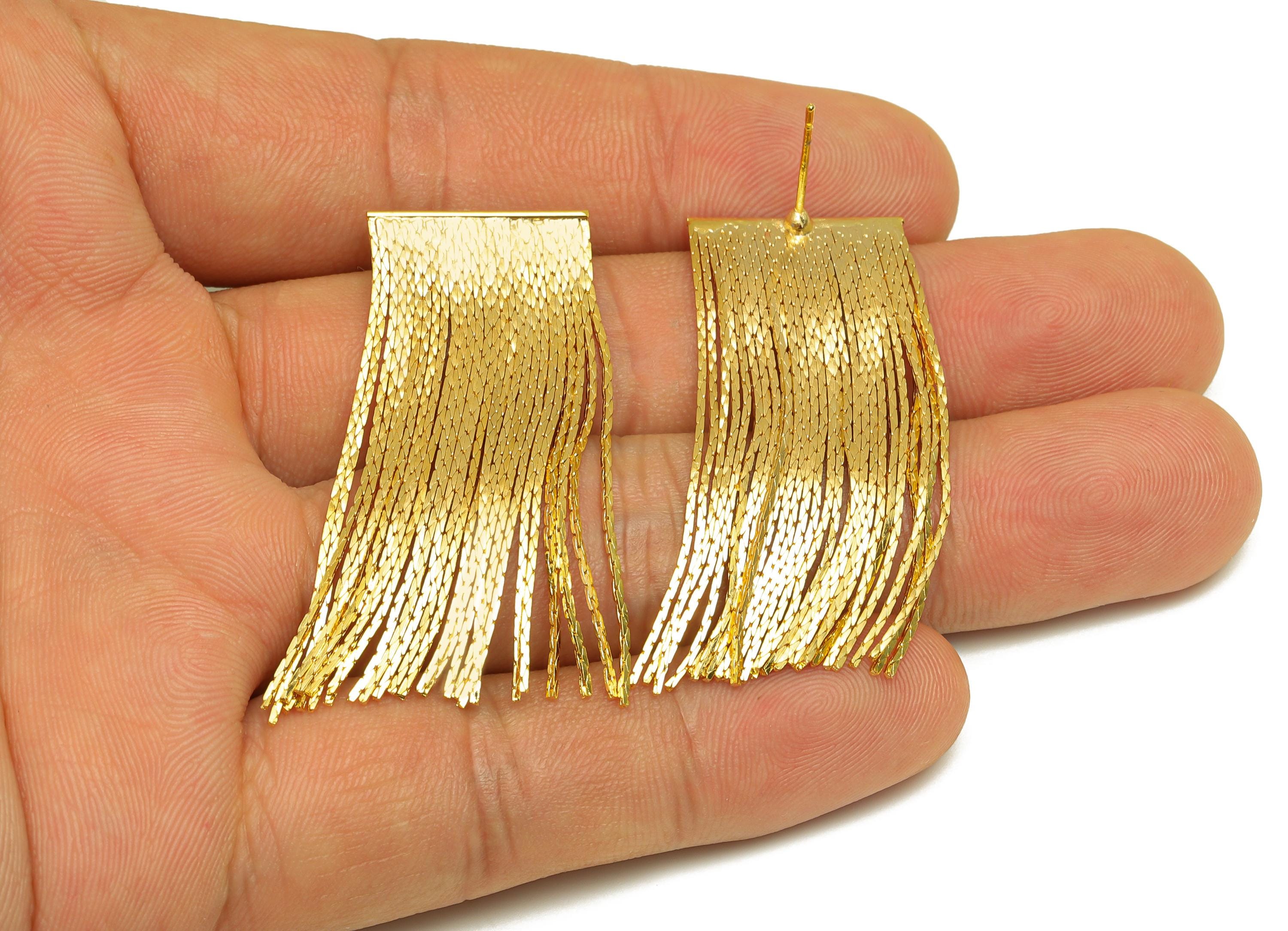 Brass Snake Chain Earring - Gold Snake Chain Tassel Earring Stud - Textured Snake Chain Earring Post - 18K Real Gold Plating- 45mm - RGP7731 - DOMEDBAZAAR