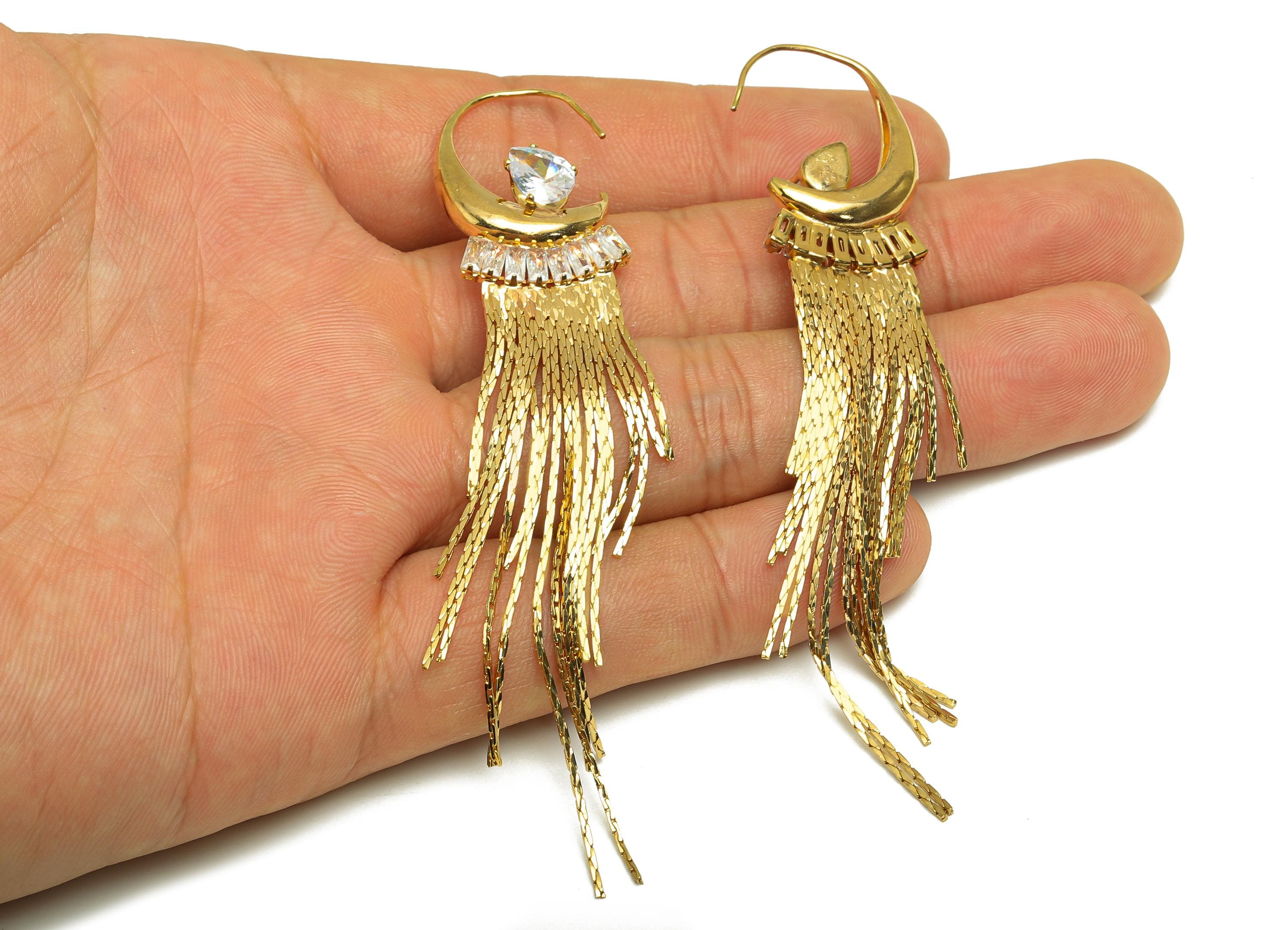 Brass CZ Tassel Earring - Cubic Zircon Drop Snake Chain Earring Wire - Zircon Tassel Earring Wire - 18K Real Gold Plating - 95mm- RGP7732 - DOMEDBAZAAR