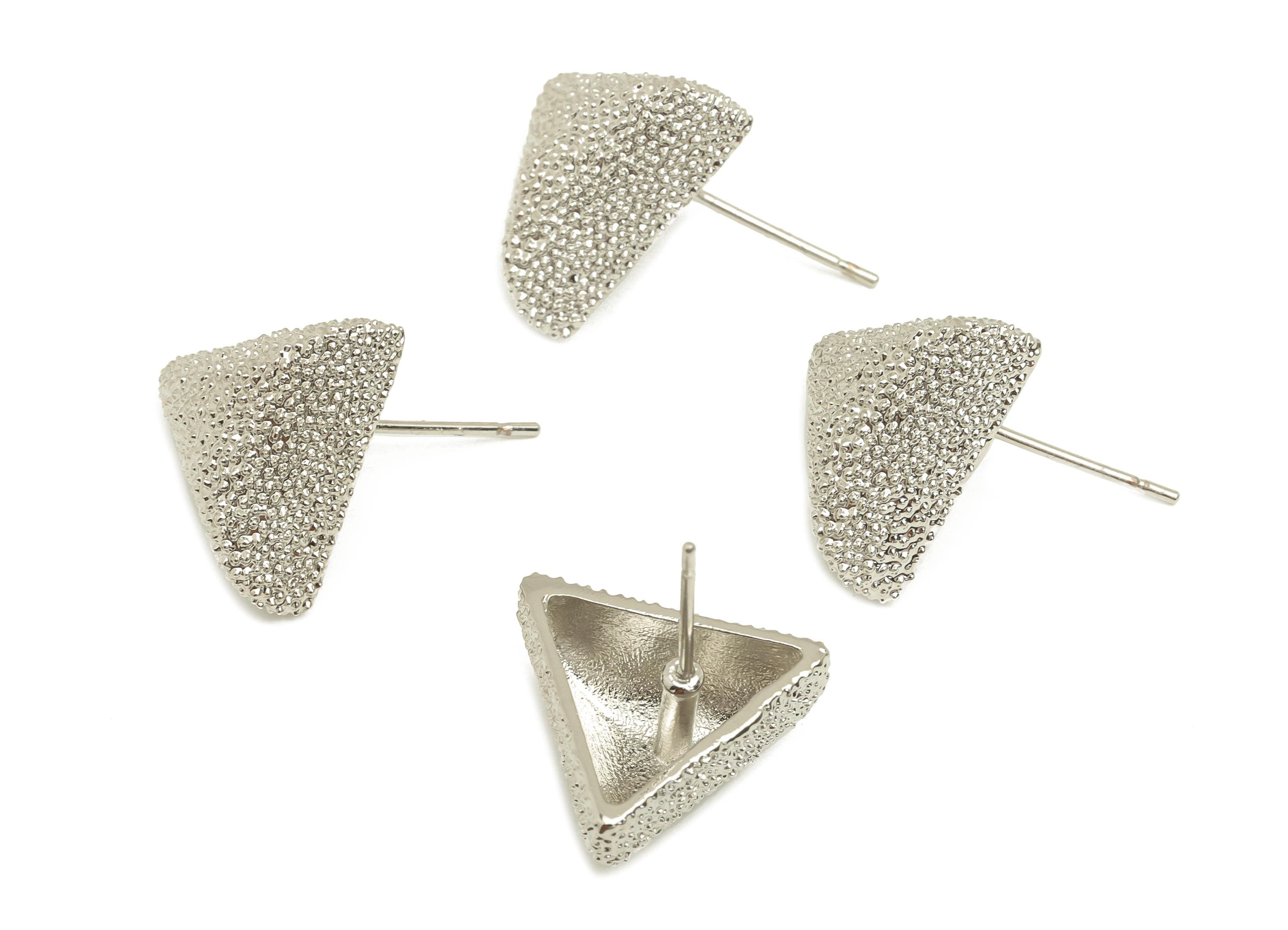 Brass Triangle Earring Stud - Textured Earring Post - White Triangle Earring Stud - 18K Real White Gold Plated - 19.09x14.17x14.17mm-RGP7734 - DOMEDBAZAAR