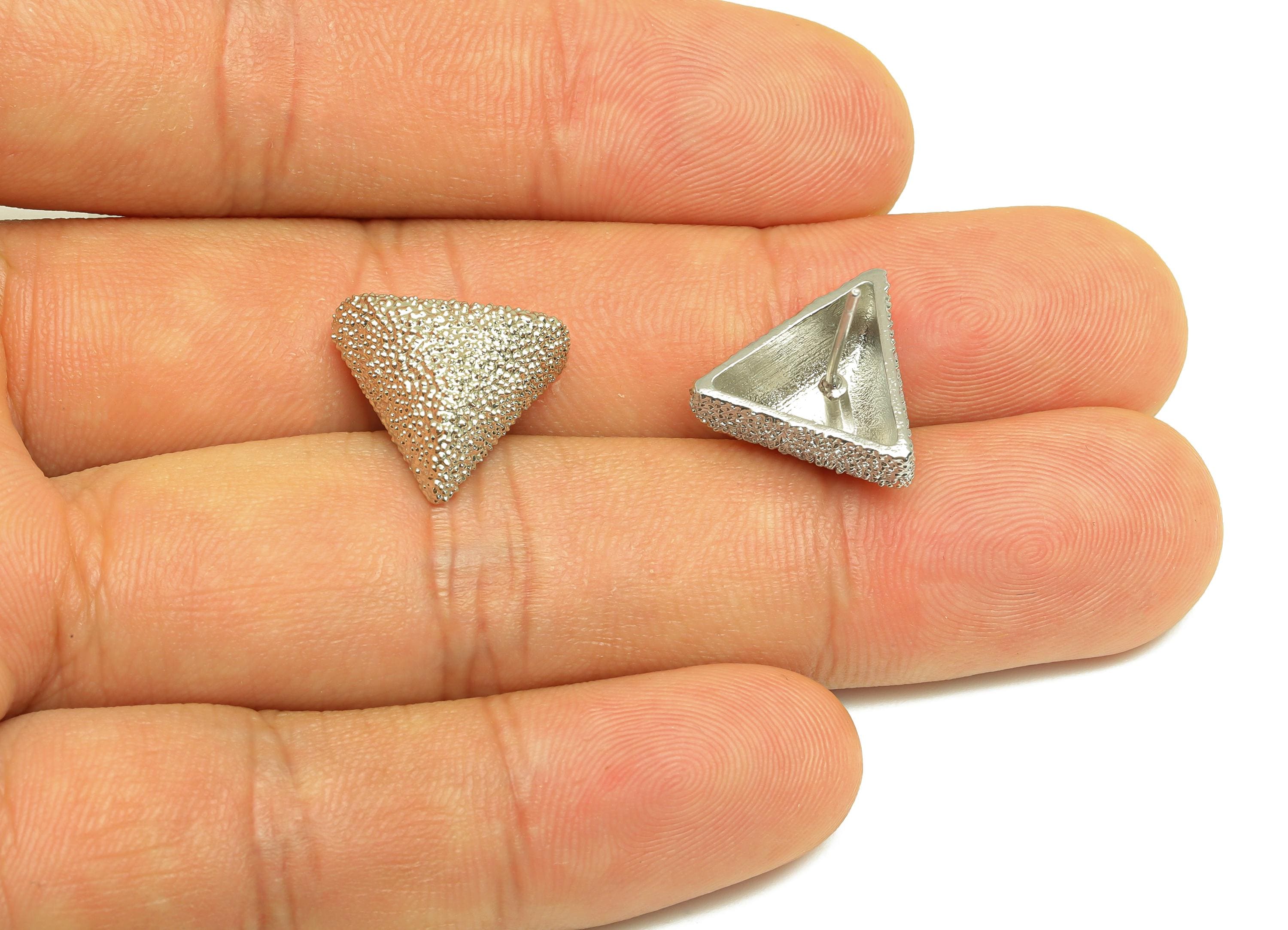 Brass Triangle Earring Stud - Textured Earring Post - White Triangle Earring Stud - 18K Real White Gold Plated - 19.09x14.17x14.17mm-RGP7734 - DOMEDBAZAAR