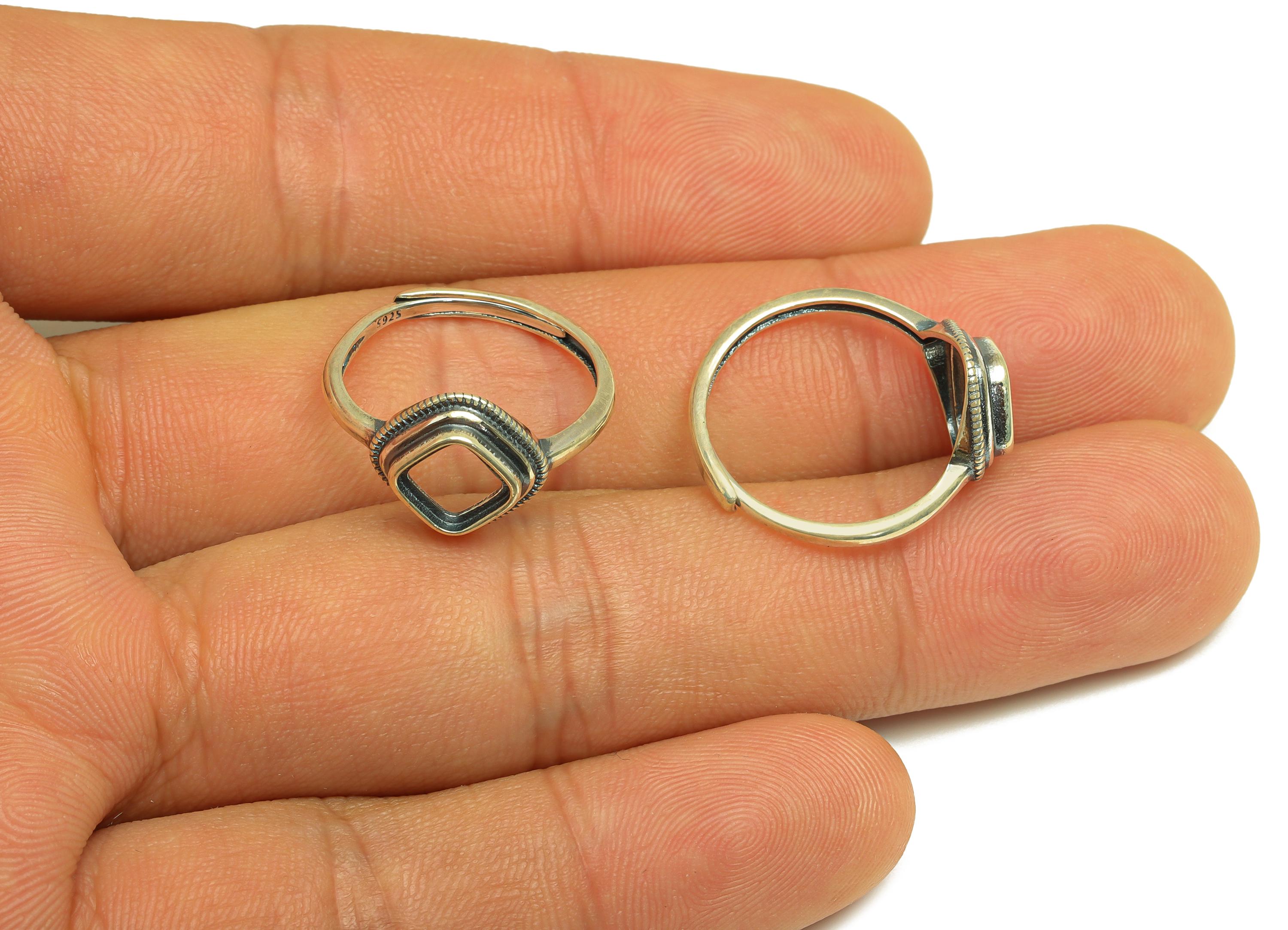 6mm Adjustable Square Ring Setting - Vintage Adjustable Rings - Hoop Geometry Adjustable Ring - For Jewelry - 925 Silver Sterling - RGP7414 - DOMEDBAZAAR