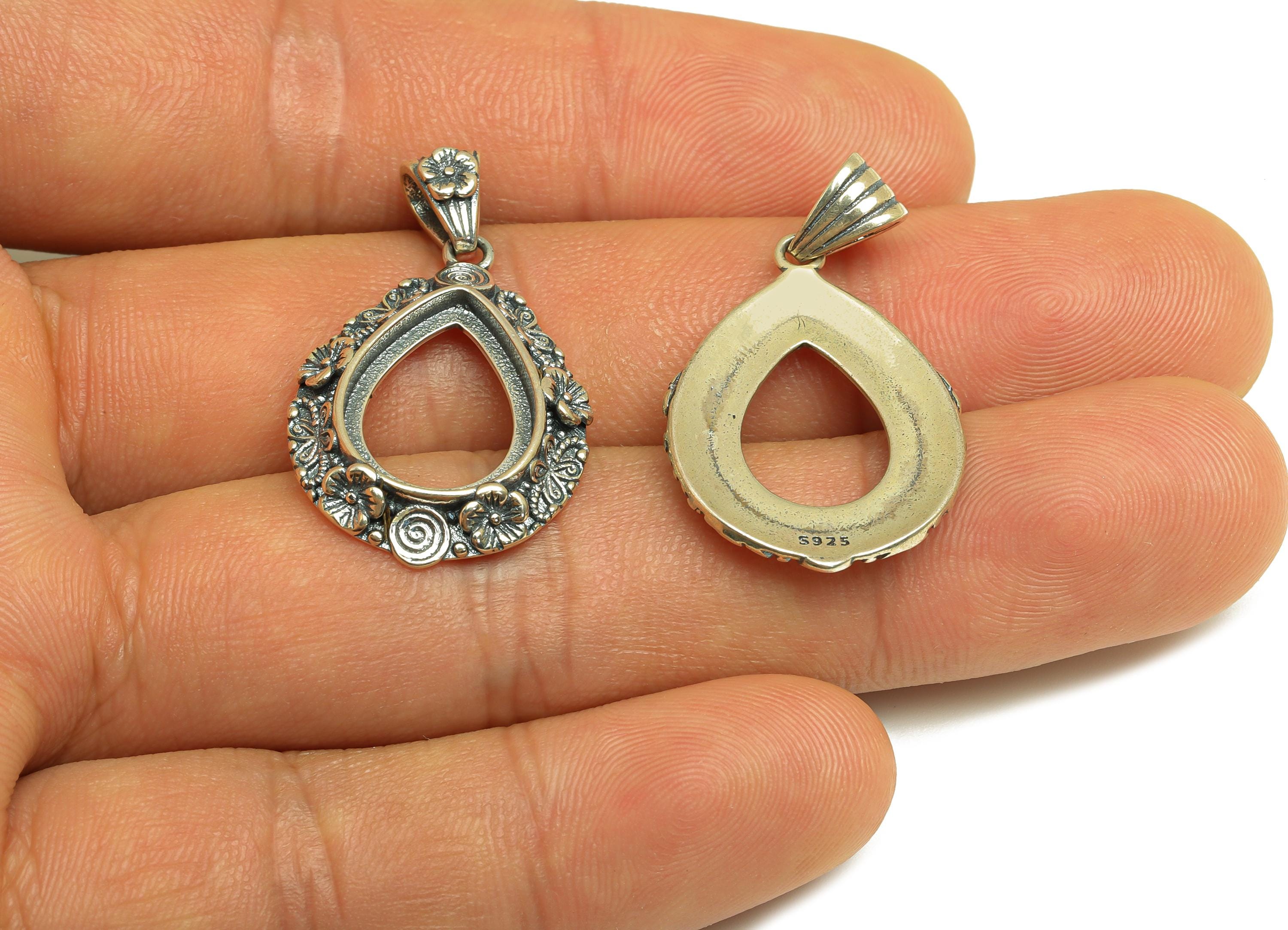 12x16mm Drop Pendant Setting - Daisy Pendant Blank - Butterfly Blank Pendant - Vintage Snail Pattern Pendant - 925 Silver Sterling - RGP7447 - DOMEDBAZAAR