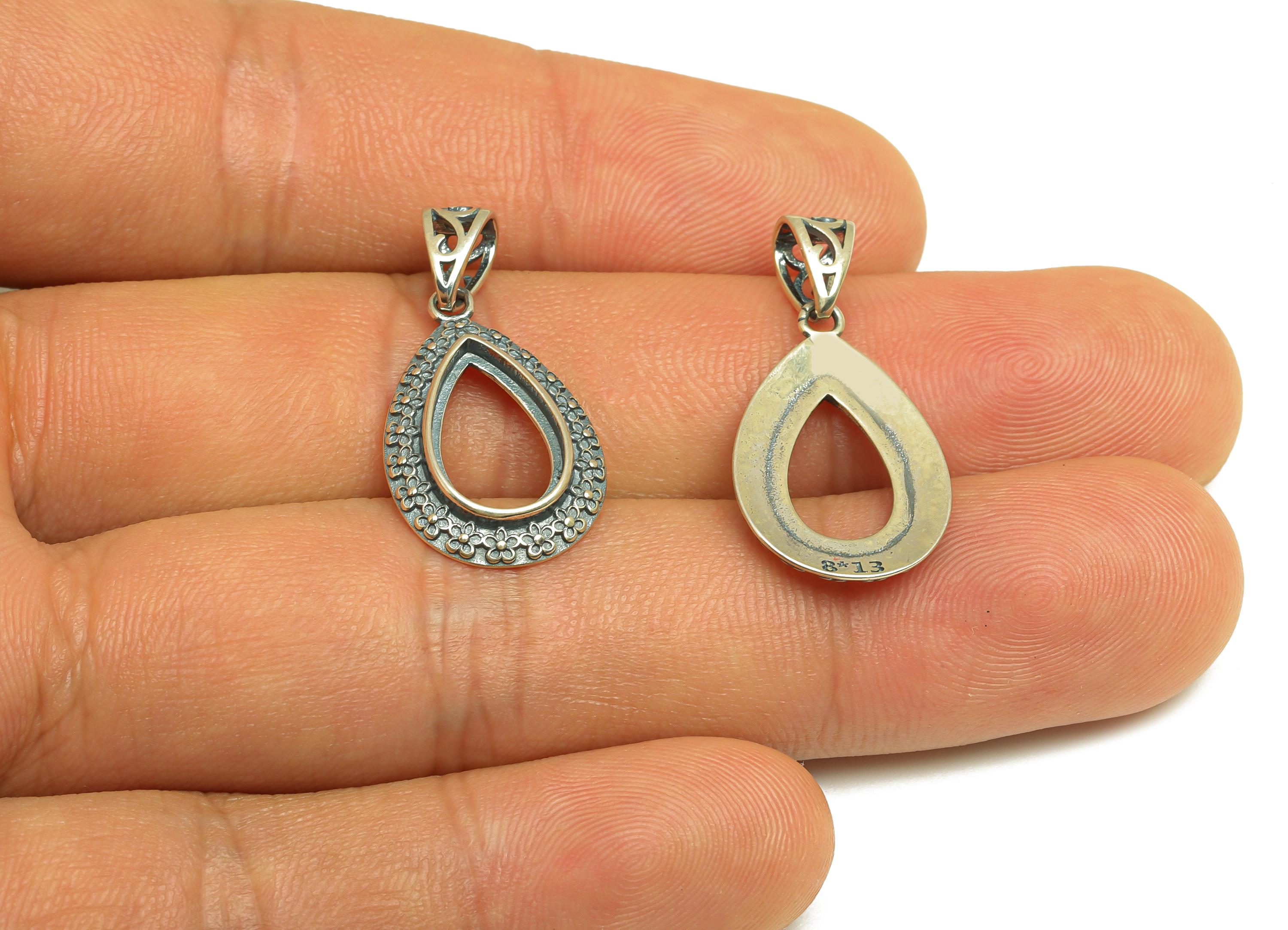 8x13mm Drop Pendant Setting - Textured Pendant Blank - Flower Blank Pendant - Vintage Pendant - 925 Silver Sterling - RGP7441 - DOMEDBAZAAR