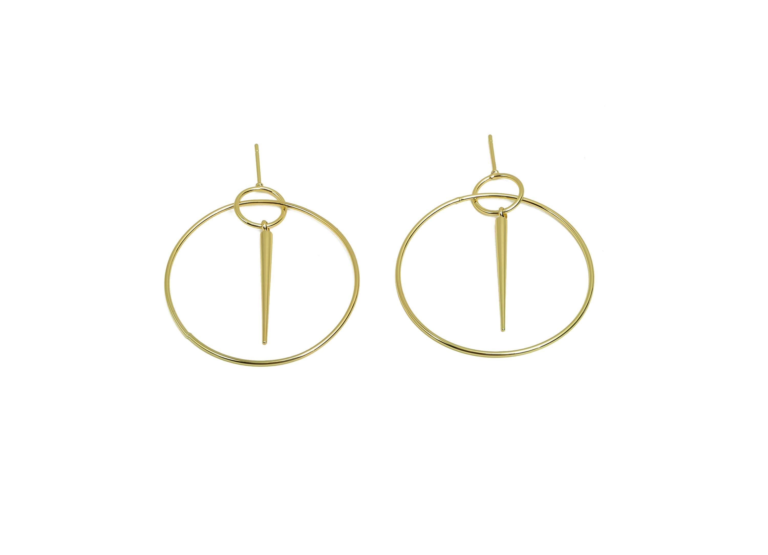 Brass Hoop Dangle Earring Post - Brass Awl Earring Post - Brass Dangle Pin Earring Post - 18K Real Gold Plating - 48x40x1.11mm- RGP8038 - DOMEDBAZAAR