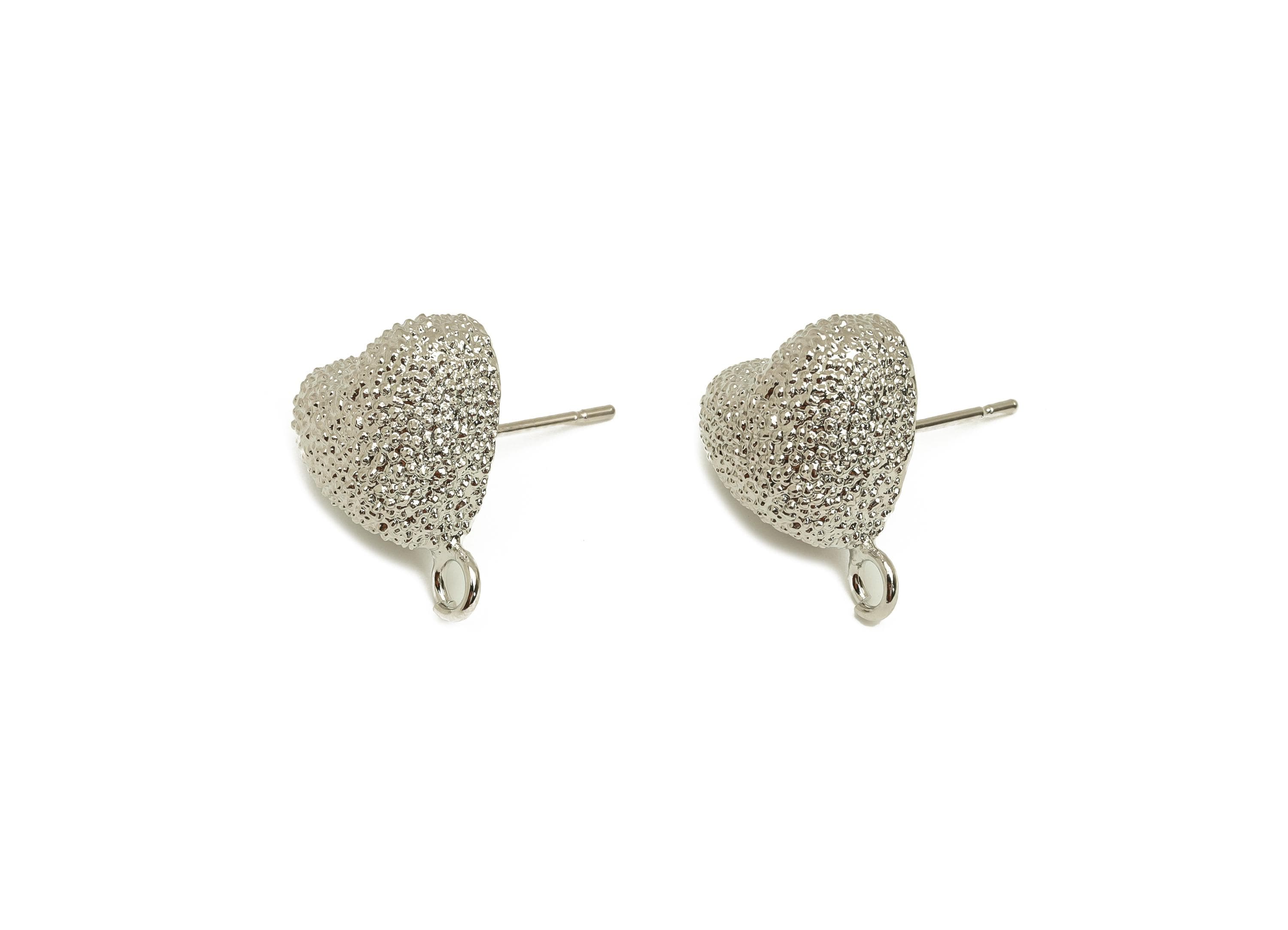 Brass Heart Earring Stud - Textured Heart Earring Post - White Heart Earring Stud - 18K Real White Gold Plated - 18.28x13.67x6.76mm- RGP7736 - DOMEDBAZAAR