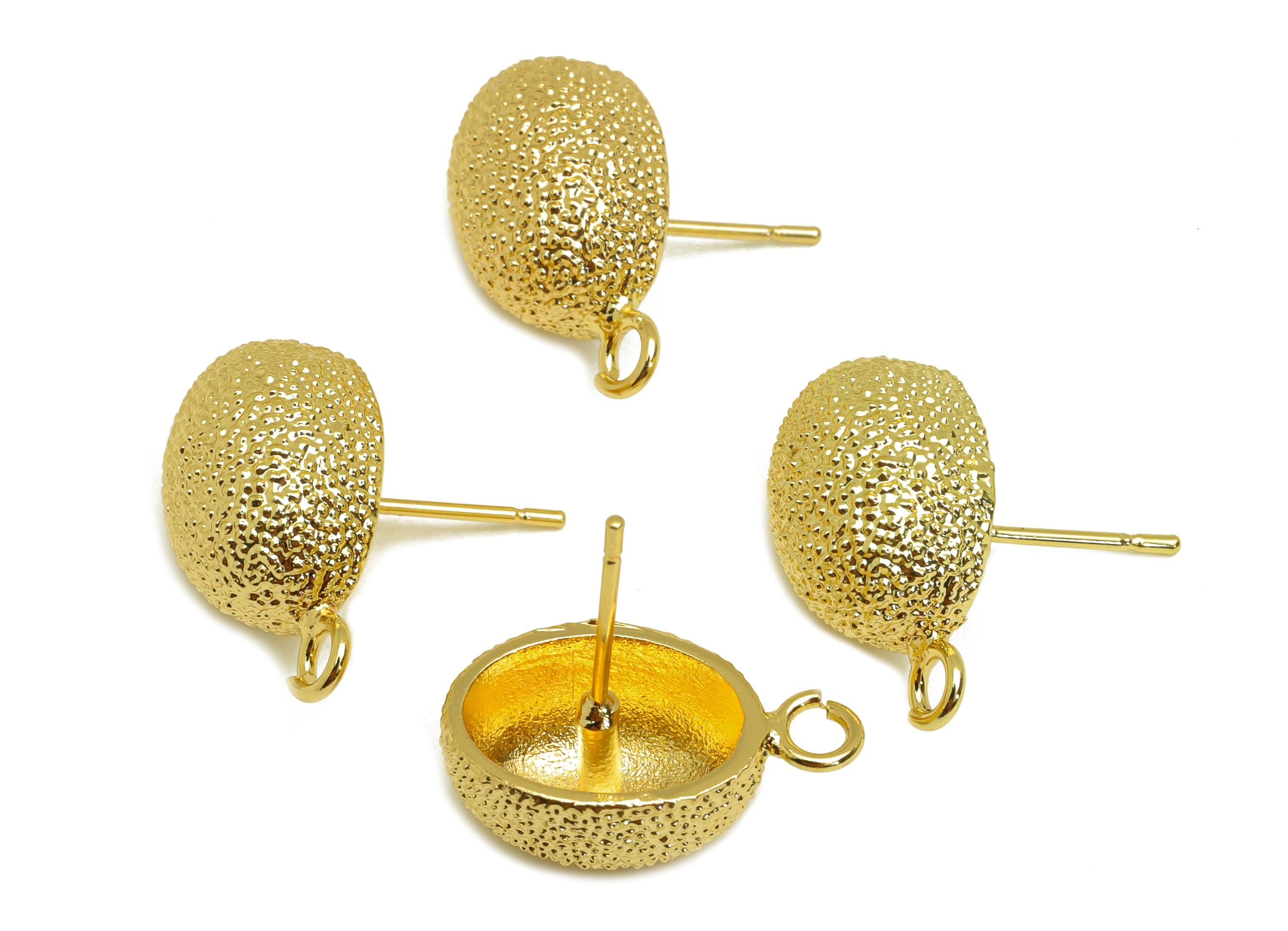 Brass Oval Earring Stud - Textured Oval Earring Post - Gold Textured Oval Earring Stud - 18K Real Gold Plated - 18.65x10.71x7.47mm - RGP7745 - DOMEDBAZAAR