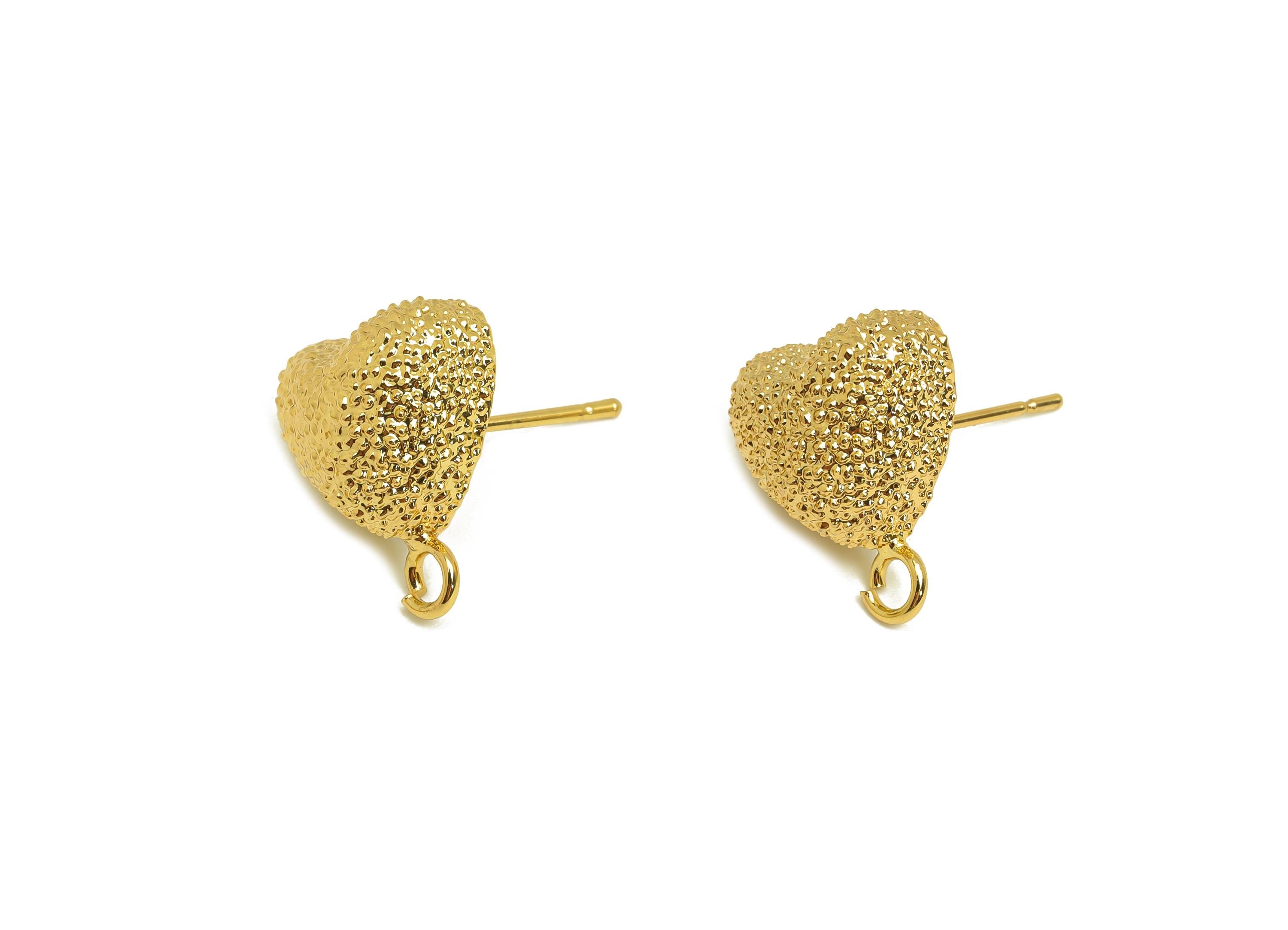 Brass Heart Earring Stud - Textured Heart Earring Post - Gold Textured Heart Earring - 18K Real Gold Plated - 18.28x13.67x6.76mm - RGP7746 - DOMEDBAZAAR