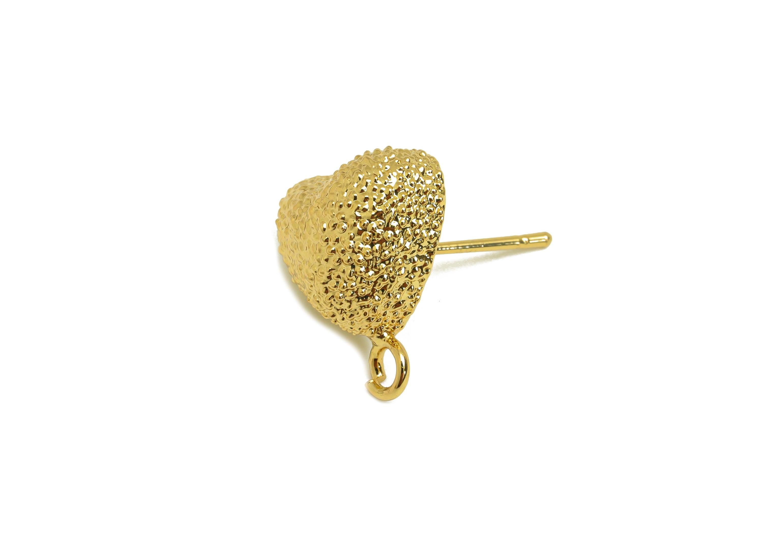 Brass Heart Earring Stud - Textured Heart Earring Post - Gold Textured Heart Earring - 18K Real Gold Plated - 18.28x13.67x6.76mm - RGP7746 - DOMEDBAZAAR