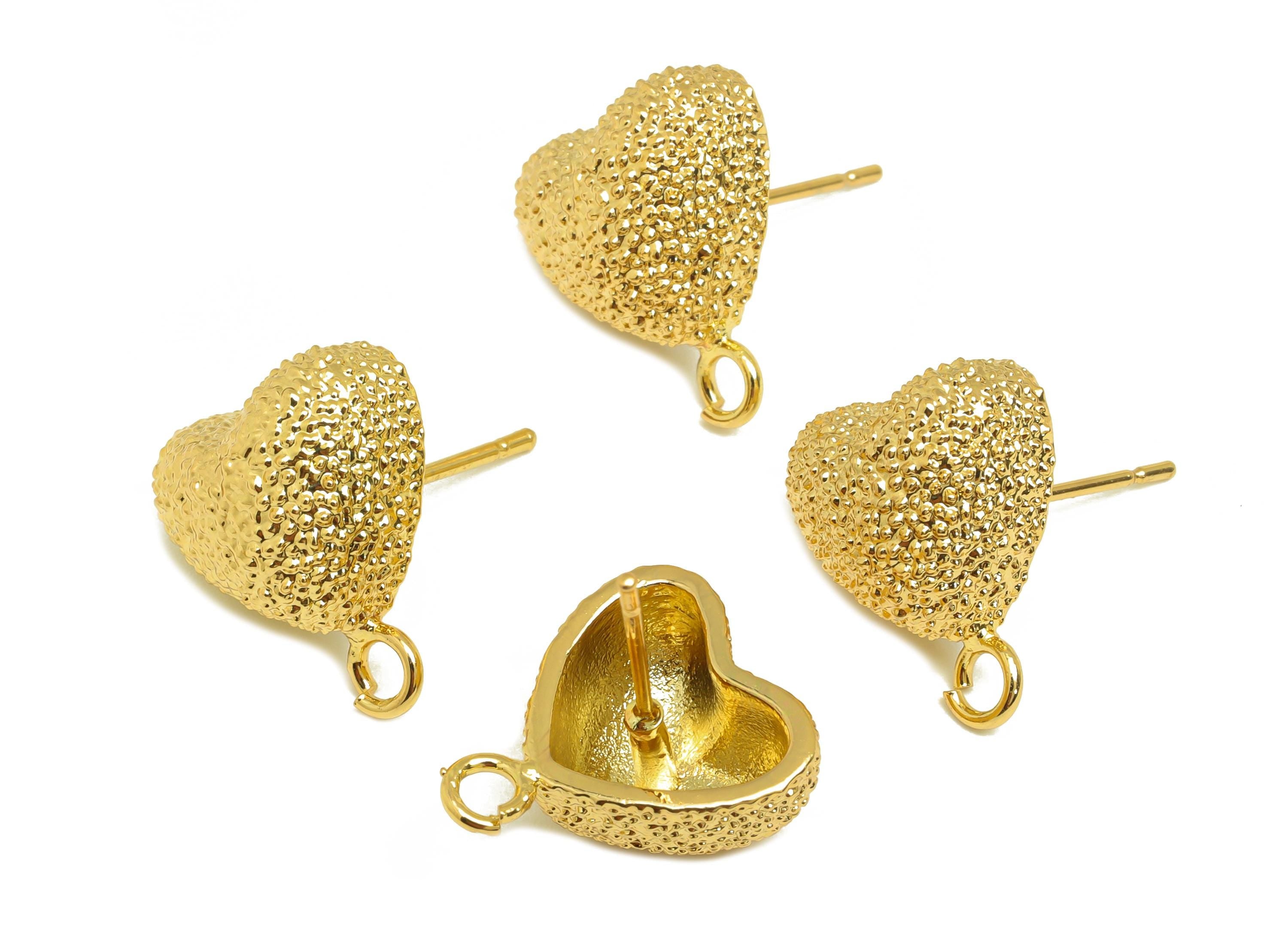 Brass Heart Earring Stud - Textured Heart Earring Post - Gold Textured Heart Earring - 18K Real Gold Plated - 18.28x13.67x6.76mm - RGP7746 - DOMEDBAZAAR