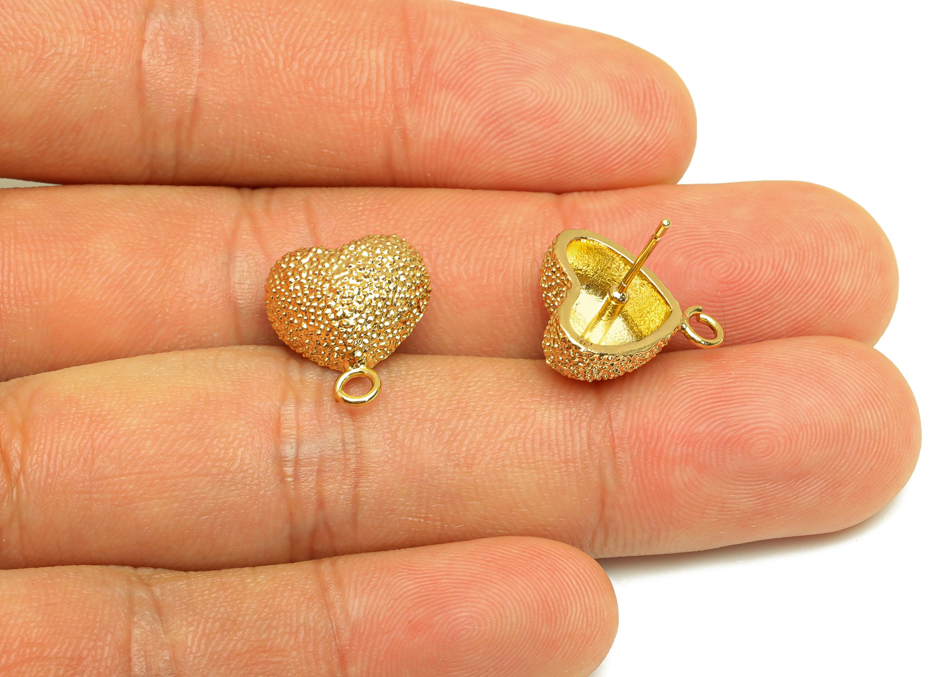 Brass Heart Earring Stud - Textured Heart Earring Post - Gold Textured Heart Earring - 18K Real Gold Plated - 18.28x13.67x6.76mm - RGP7746 - DOMEDBAZAAR