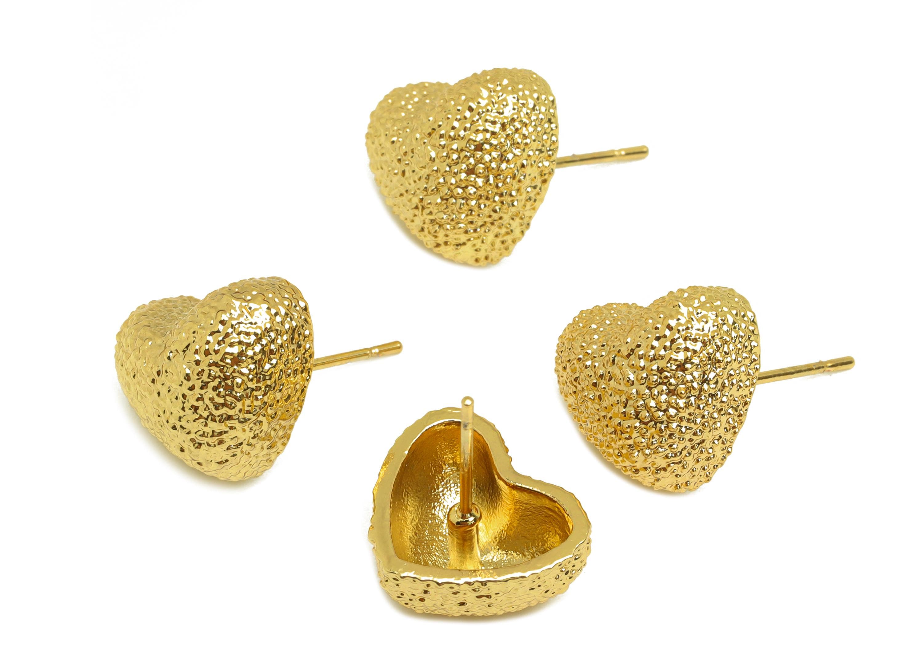 Brass Heart Earring Stud - Textured Heart Earring Post - Gold Textured Heart Earring - 18K Real Gold Plated - 18.2x13.72x6.52mm - RGP7748 - DOMEDBAZAAR