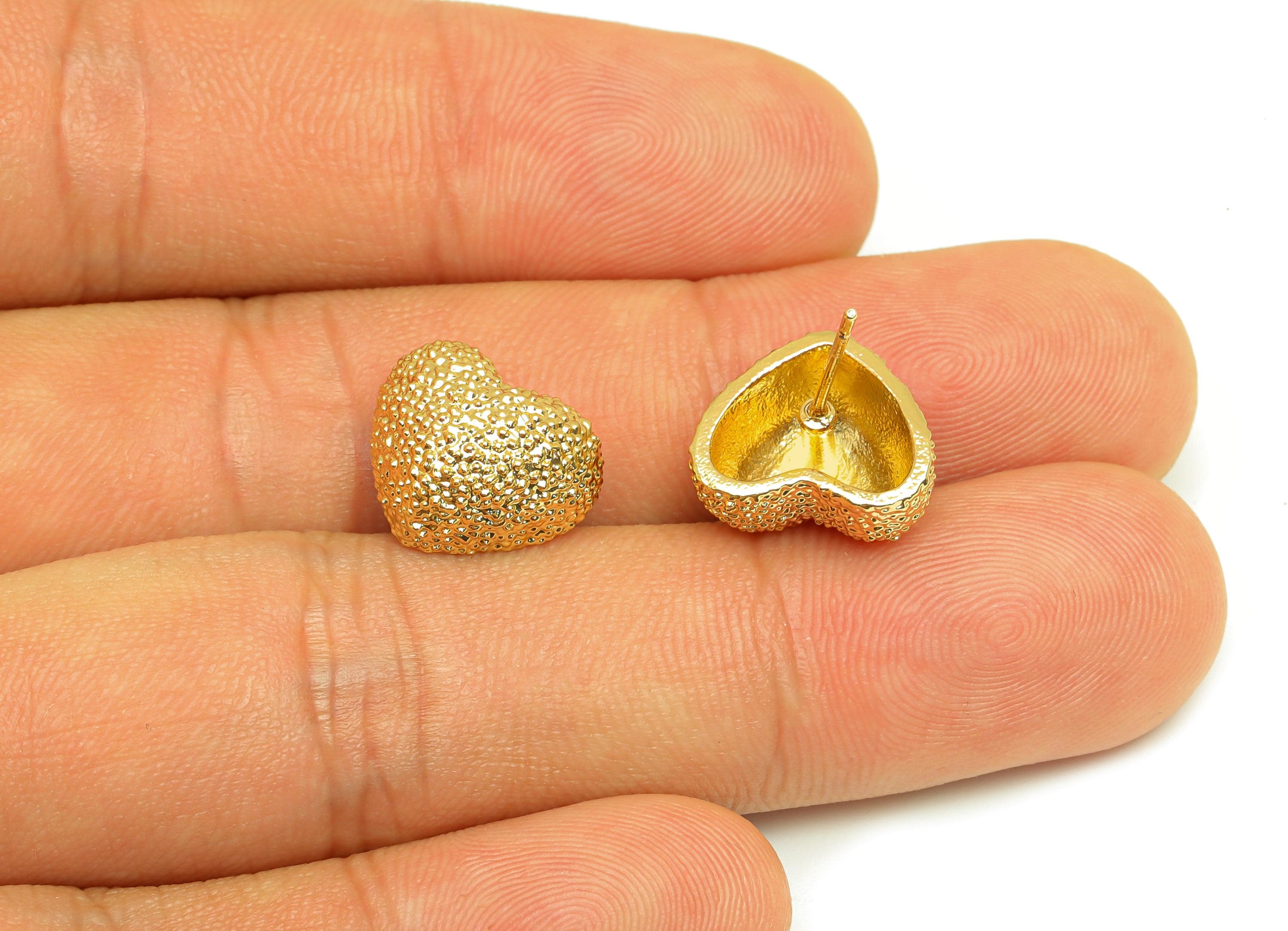 Brass Heart Earring Stud - Textured Heart Earring Post - Gold Textured Heart Earring - 18K Real Gold Plated - 18.2x13.72x6.52mm - RGP7748 - DOMEDBAZAAR