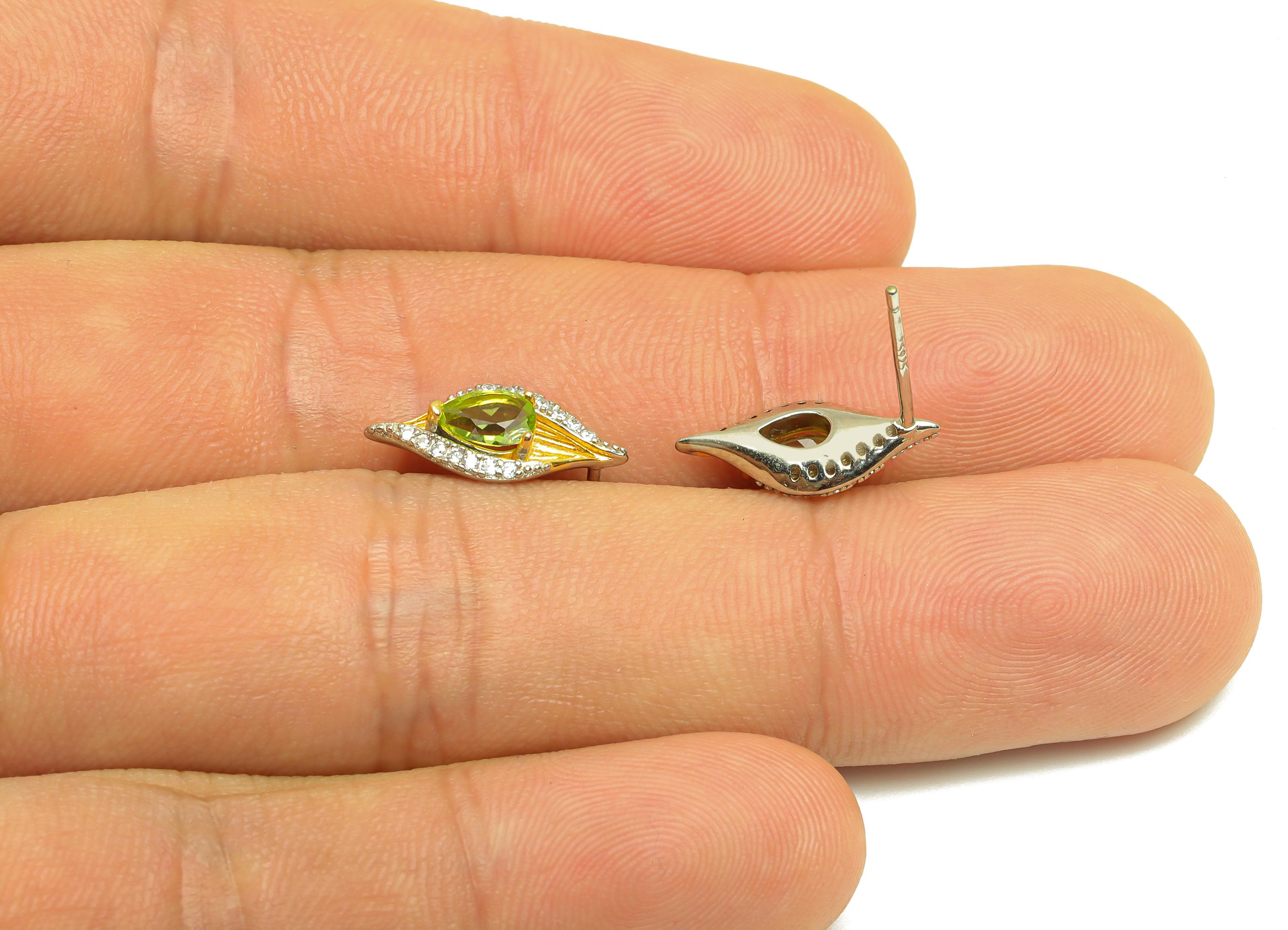 Peridot Gemstone Earring Post - Silver Teardrop Olives Earring Stud - Zircon Earring Post - 18K Real Gold Plated Silver -15x6x4mm - RGP7362 - DOMEDBAZAAR