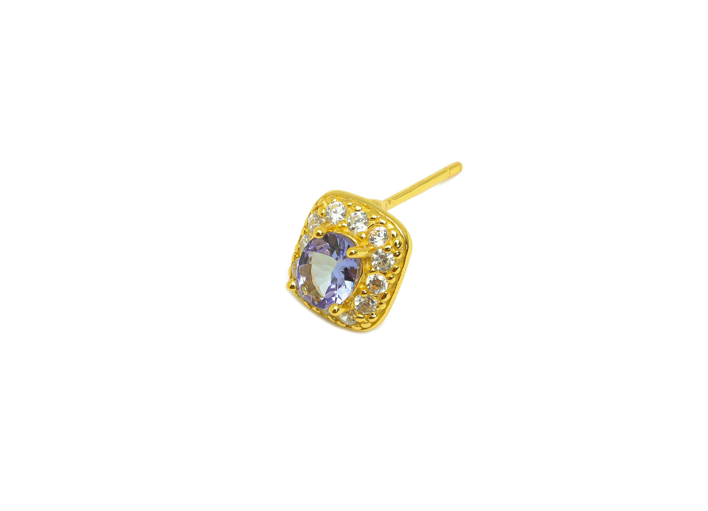 Tanzanite Gemstone Earring Post - Silver Tanzanite Earring Stud - Zircon Vintage Post - 18K Real Gold Plated Silver - 15x8x4mm - RGP7361 - DOMEDBAZAAR