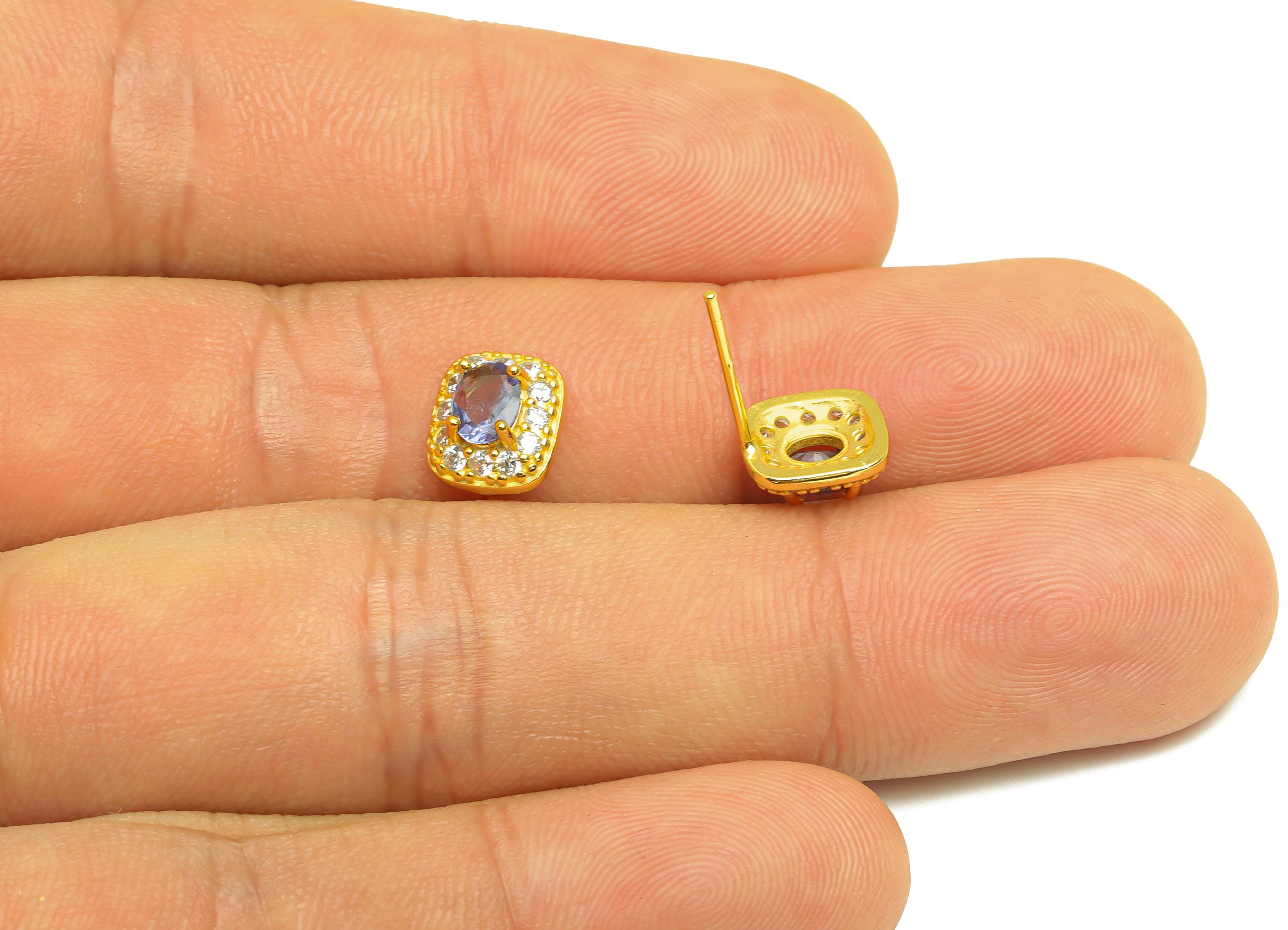 Tanzanite Gemstone Earring Post - Silver Tanzanite Earring Stud - Zircon Vintage Post - 18K Real Gold Plated Silver - 15x8x4mm - RGP7361 - DOMEDBAZAAR
