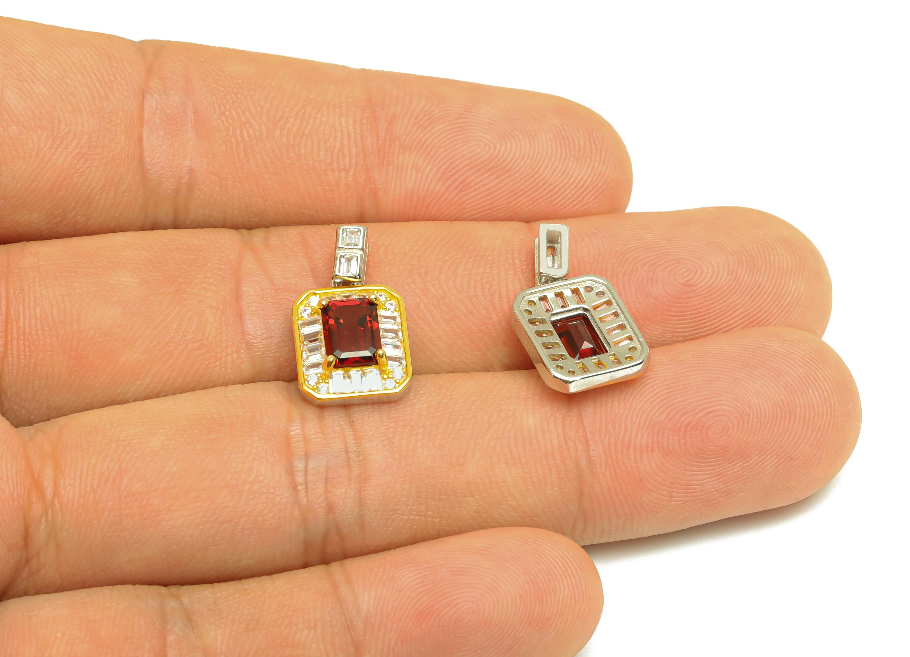 Garnet Rectangle Earring Charm - Silver Garnet Pendant - Zircon Rectangle Garnet Pendant - 18K Real Gold Plated Silver -17x10x4mm - RGP7363 - DOMEDBAZAAR