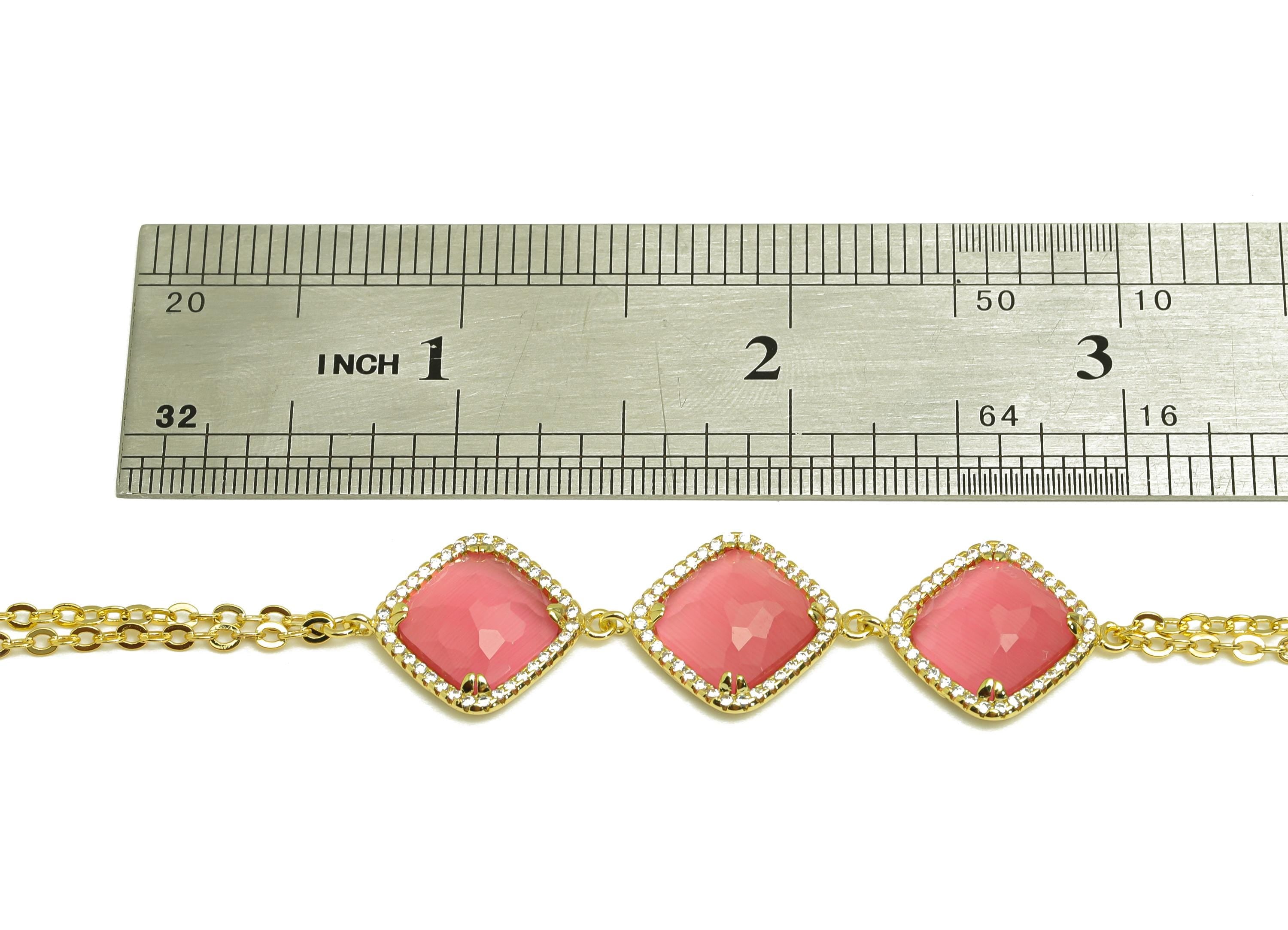 20cm Diamond Bracelet - Brass Pink Rhombic Bracelet - Cubic Zircon Diamond Bracelet - 18K Real Gold Plating - 200x15x5mm - RGP7352 - DOMEDBAZAAR