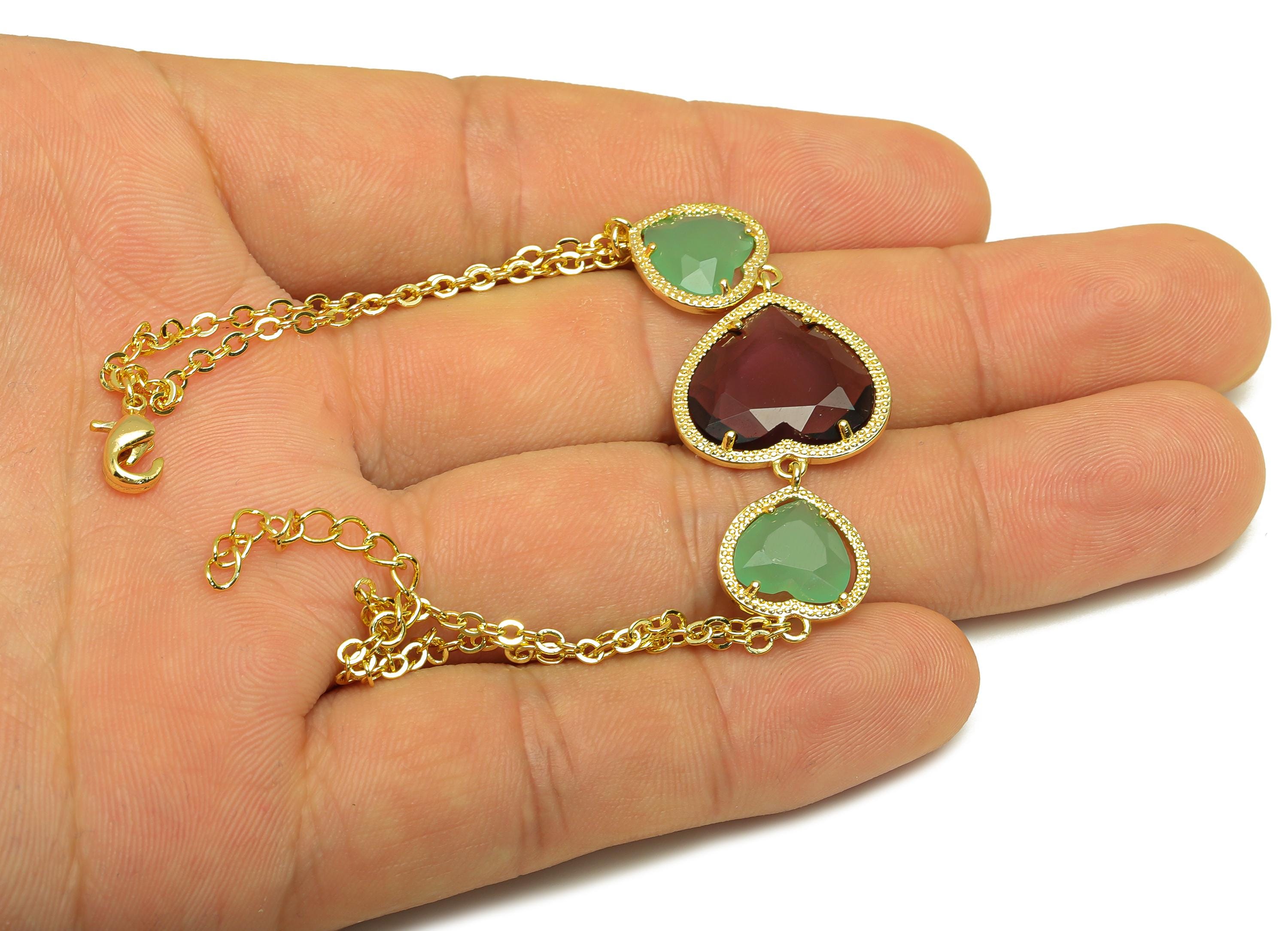21cm Heart Bracelet - Brass Purple Heart Bracelet - Brass Green Cubic Zircon Heart Bracelet - 18K Real Gold Plating - 210x18x3mm - RGP7355C - DOMEDBAZAAR