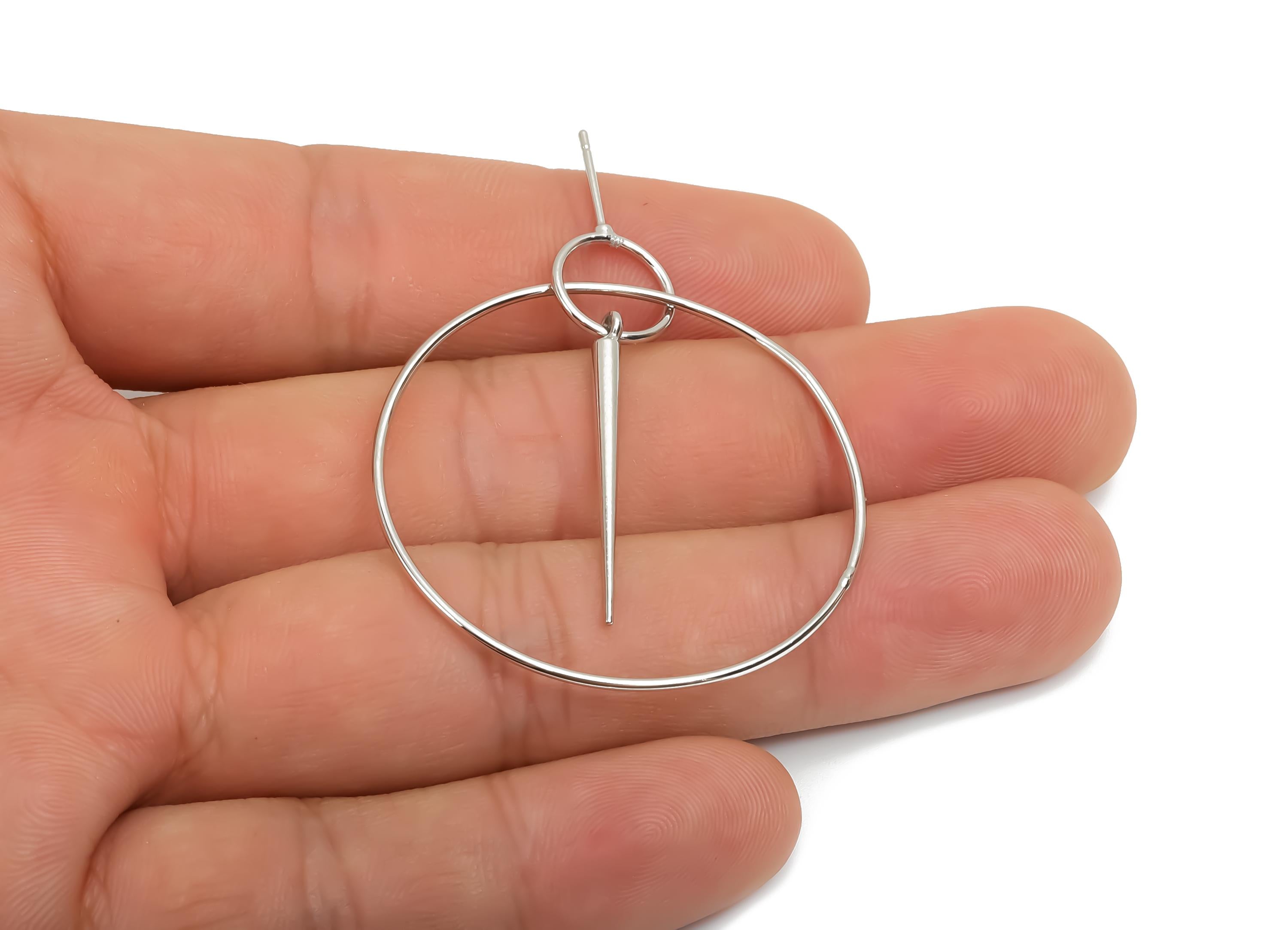 Brass Hoop Dangle Earring Post - Brass Awl Earring Post - Brass Dangle Pin Earring Post - 18K Real White Gold Plating - 48x40x1.1mm- RGP8049 - DOMEDBAZAAR