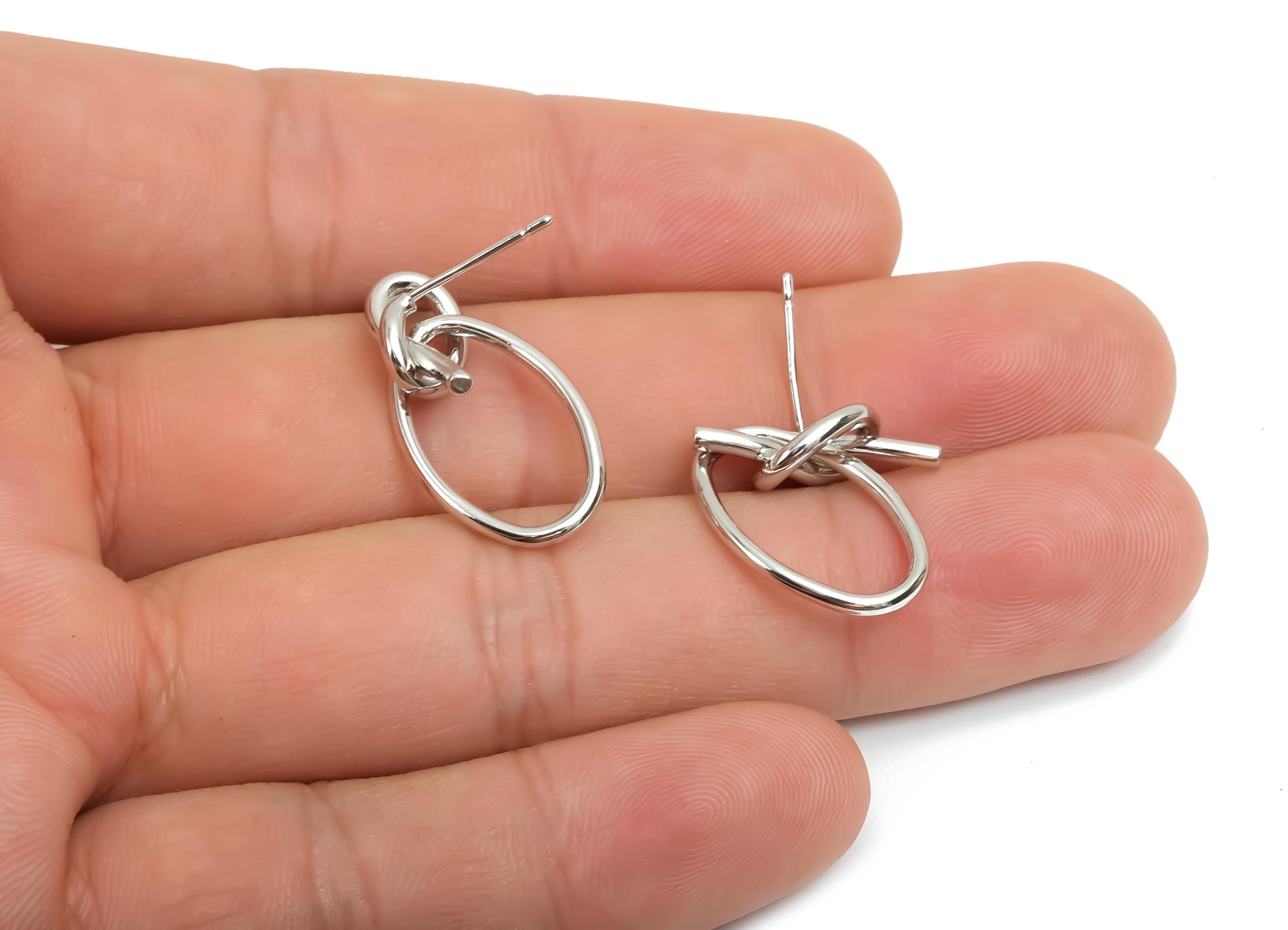Brass Knot Earring Post - Brass Oval Earring Post - Brass Geometry Earring Post - 18K Real White Gold Plating - 22.14x13x1.54mm - RGP8046 - DOMEDBAZAAR