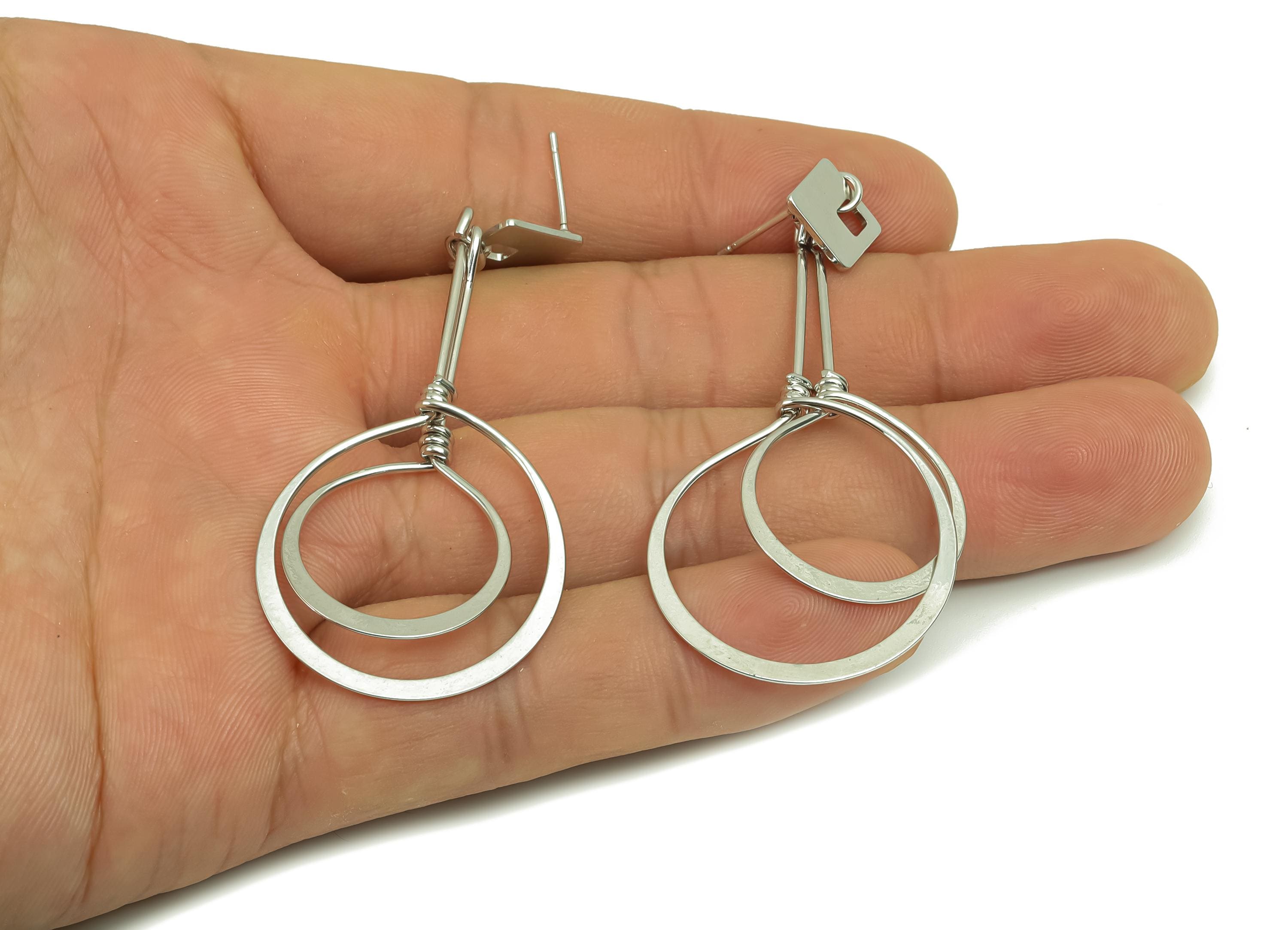 Brass Hammered Earring Post - Brass Square Earring Post - Brass Dangle Earring Post - 18K Real White Gold Plating - 69x29x0.84mm - RGP8043 - DOMEDBAZAAR
