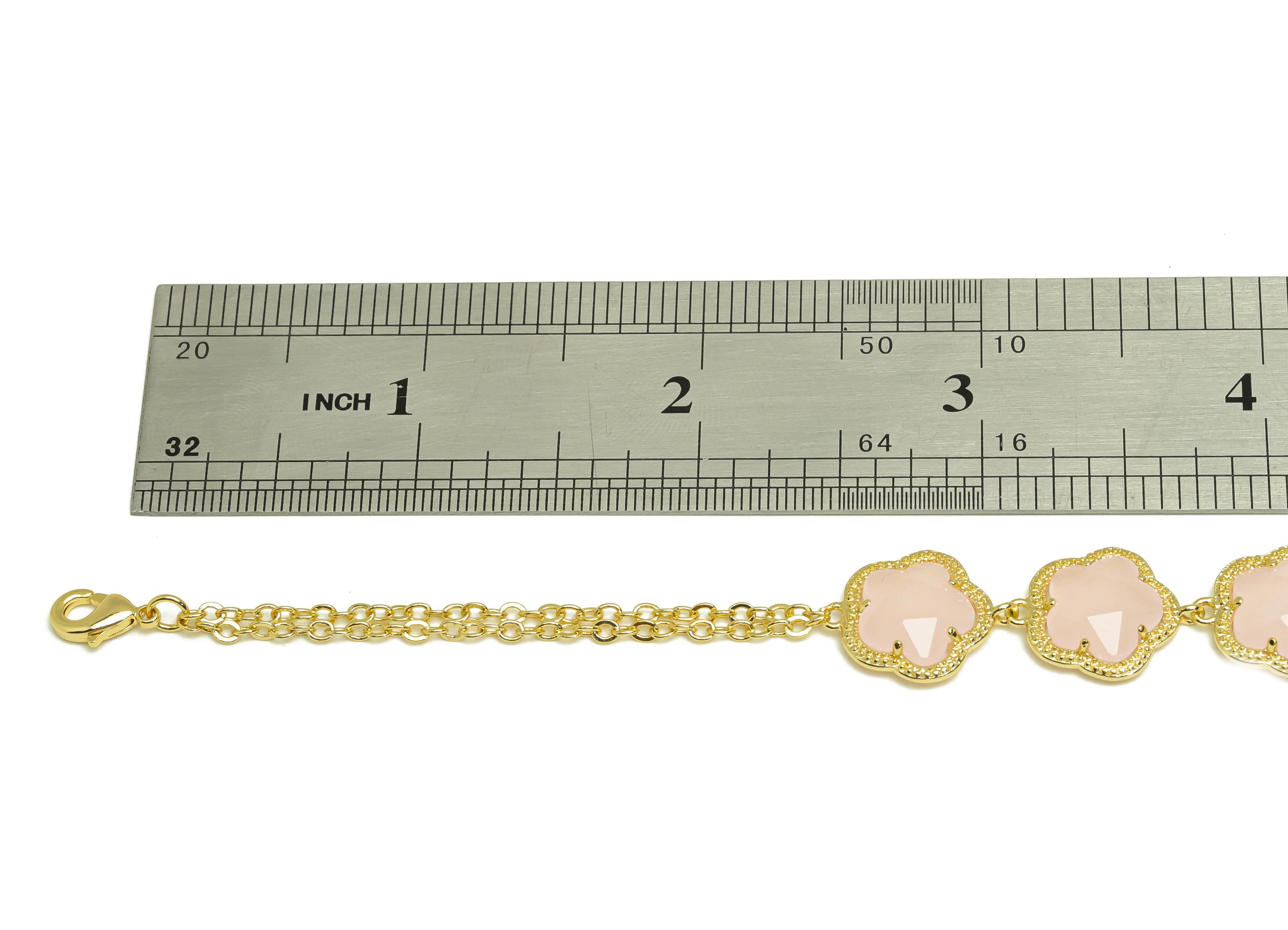 25cm CZ Flower Bracelet - Brass Pink Bracelet - Brass Cubic Zircon Pink Flower Bracelet - 18K Real Gold Plating - 200x11.03x1.72mm - RGP7353 - DOMEDBAZAAR