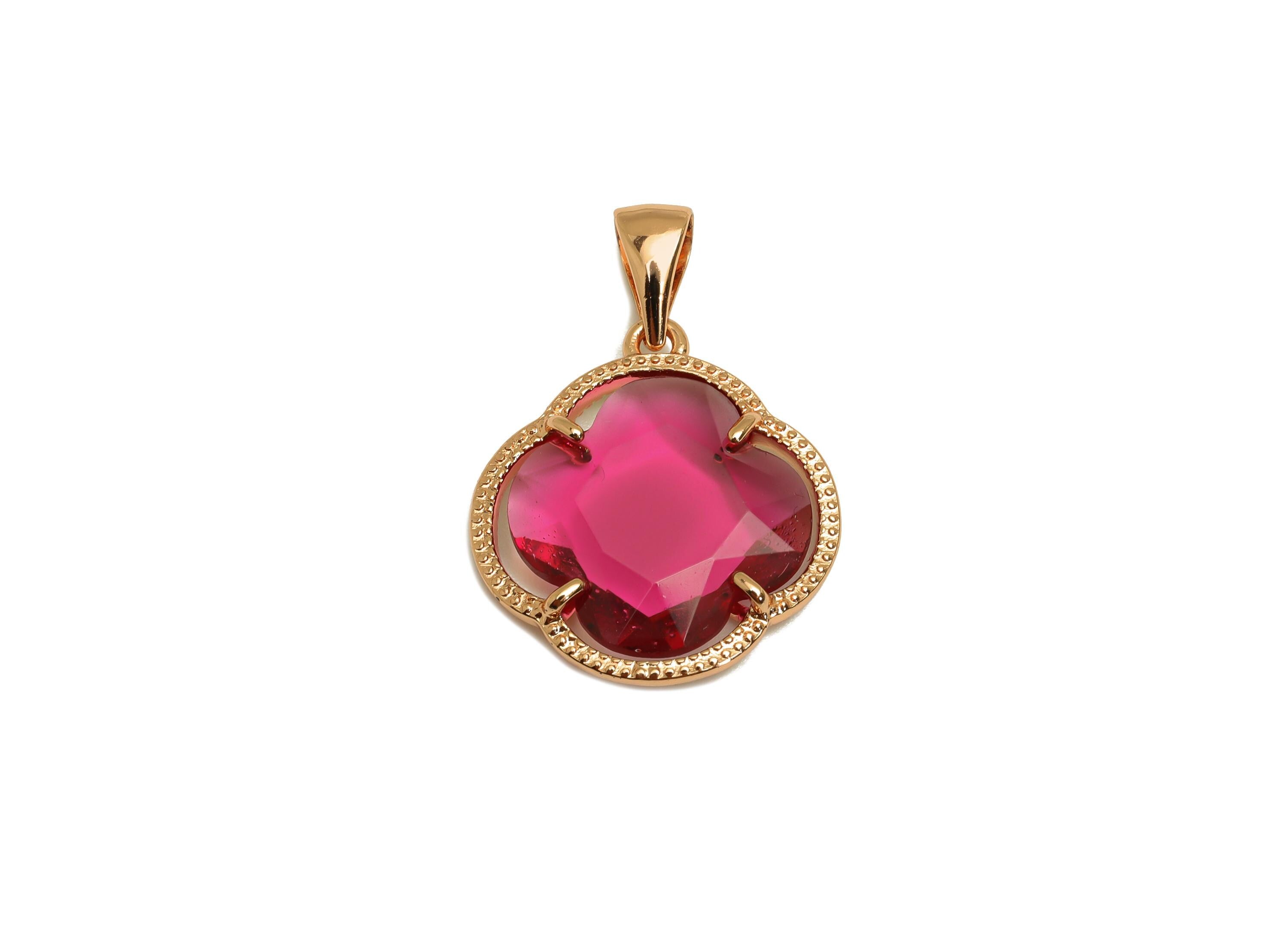 Brass CZ Flower Set - Brass Pink Flower Pendant - Brass Cubic Zircon Pink Earring Post - 18K Real Gold Plating - 15.01x15x0.83mm - RGP7348A - DOMEDBAZAAR