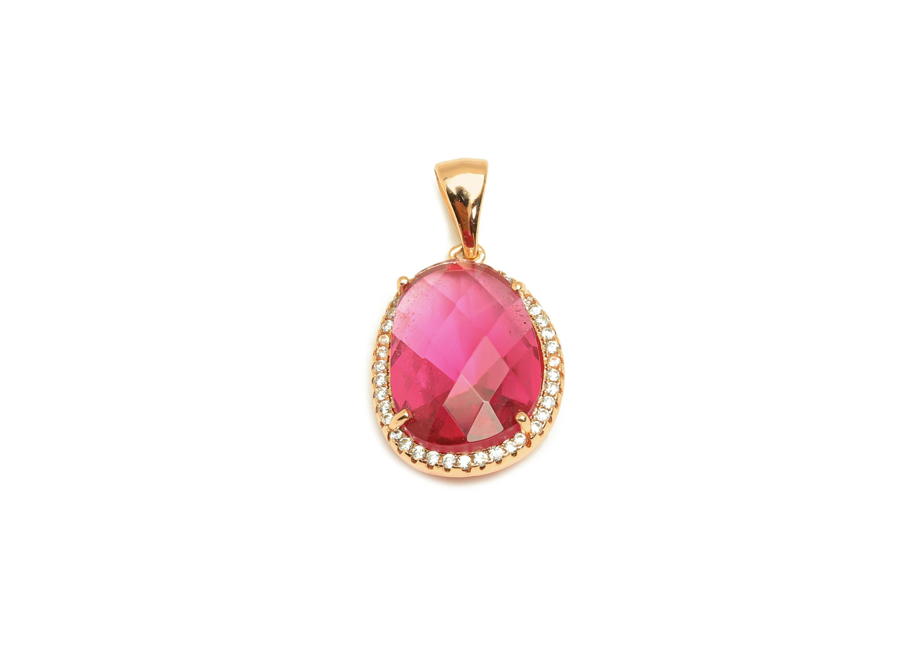 Brass CZ Oval Set - Brass Pink Oval Pendant - Brass Cubic Zircon Geometry Earring Post - 18K Real Gold Plating - 16.17x11x0.83mm - RGP7348B - DOMEDBAZAAR