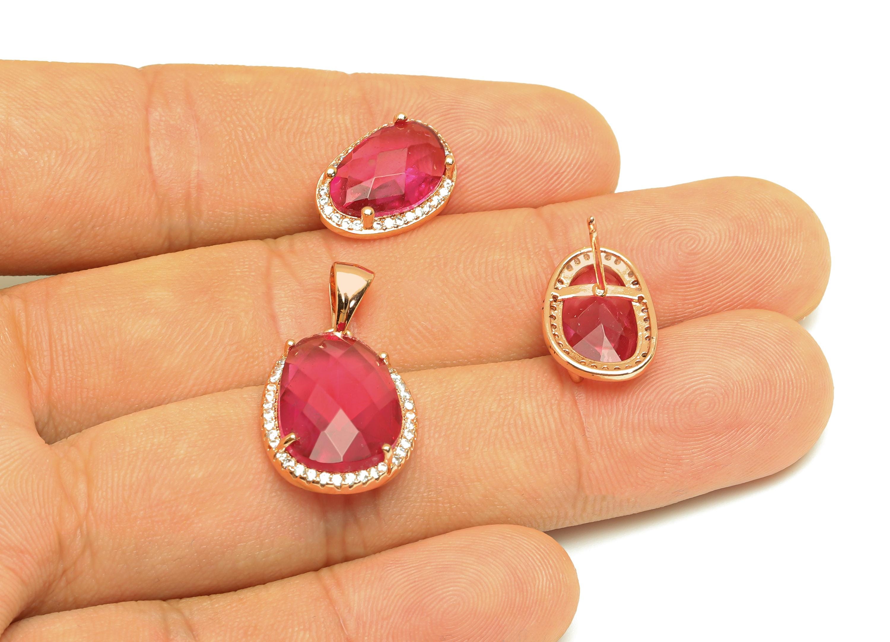 Brass CZ Oval Set - Brass Pink Oval Pendant - Brass Cubic Zircon Geometry Earring Post - 18K Real Gold Plating - 16.17x11x0.83mm - RGP7348B - DOMEDBAZAAR