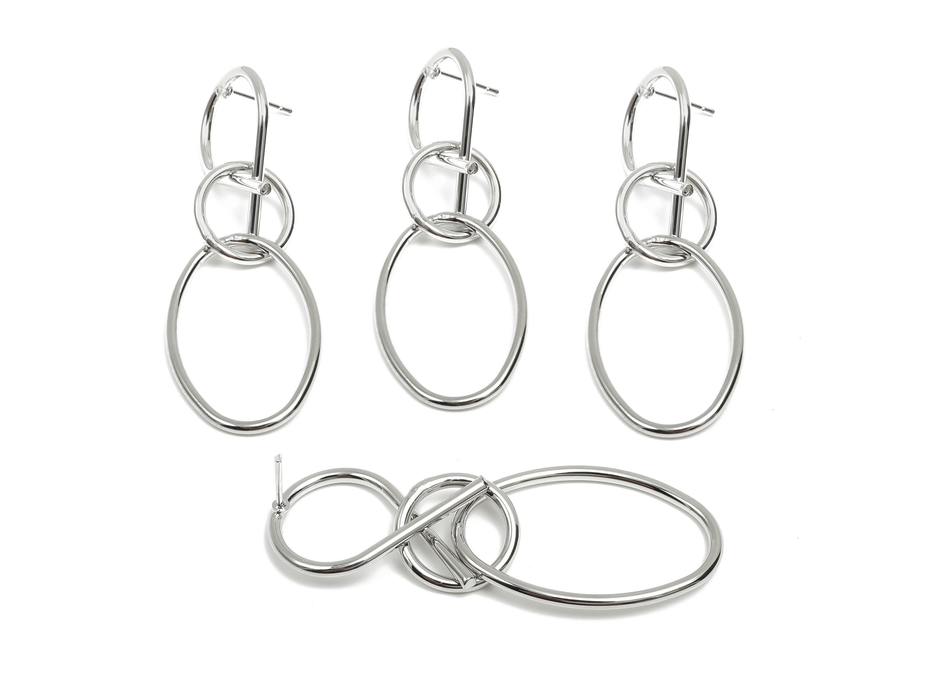 Brass Dangle Earring Post - Brass Oval Earring Post - Brass Geometry Earring Post - 18K Real White Gold Plating - 62x20x1.91mm - RGP8102 - DOMEDBAZAAR