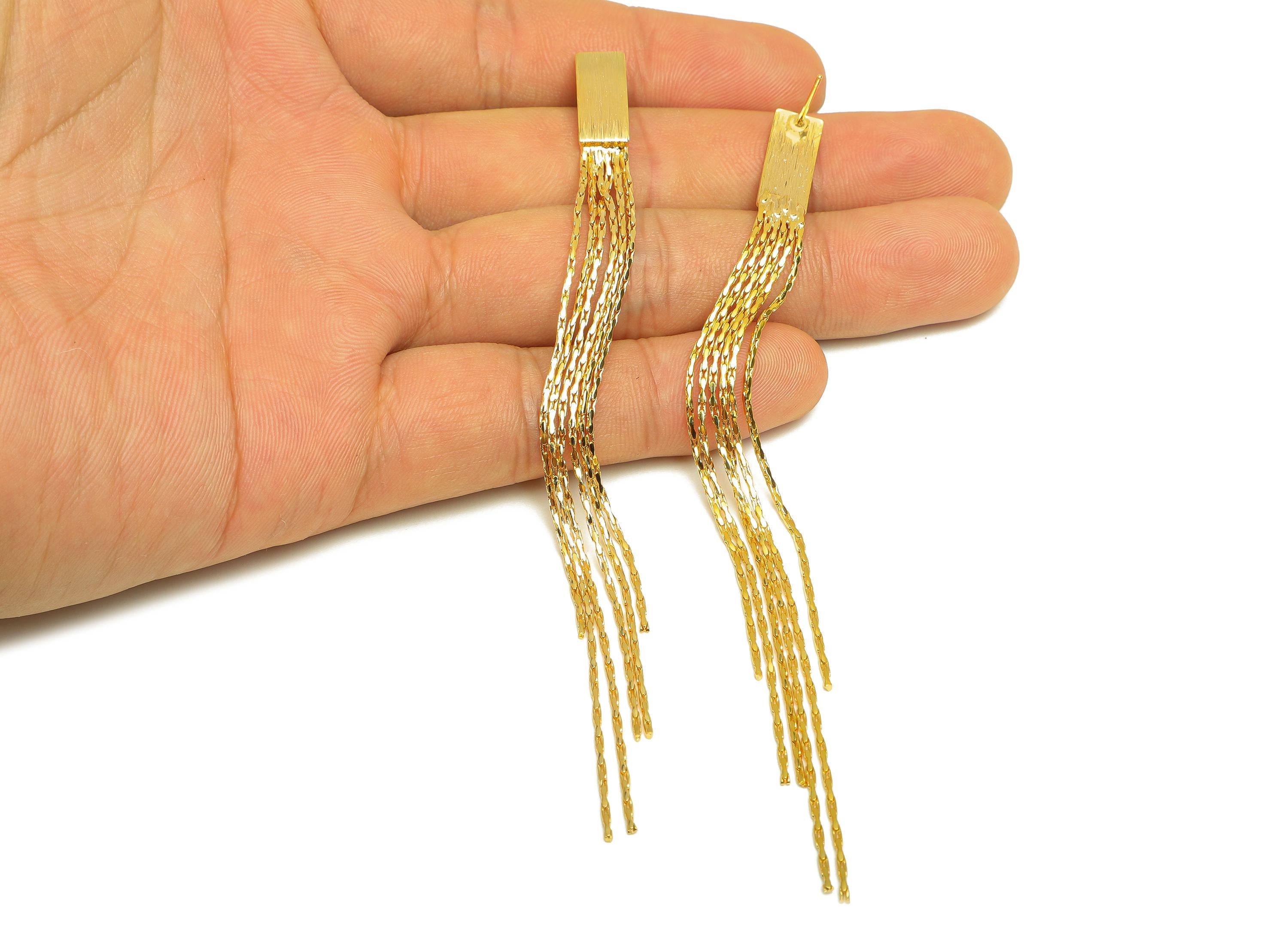 Brass Tassel Earring Stud - Bent Rectangle Tassel Wire Earring Post - Zircon Chian Earring Post - 18K Real Gold Plated - 118x6x1mm - RGP7531 - DOMEDBAZAAR