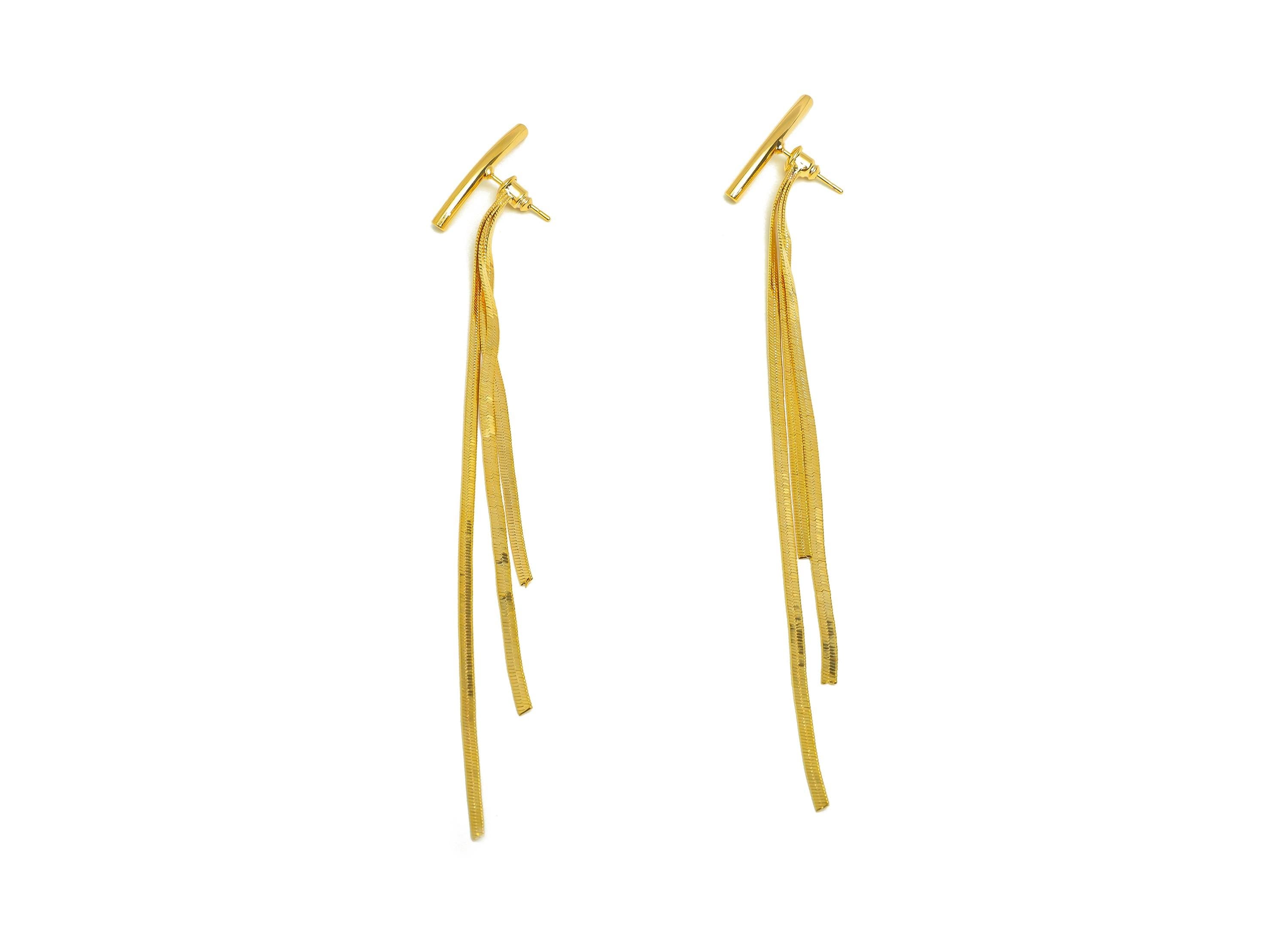 Brass Tassel Earring Stud - Bent Stick Tassel Wire Earring Post - Snake Chain Earring Post - 18K Real Gold Plated - 112x24x2.5mm - RGP7530 - DOMEDBAZAAR
