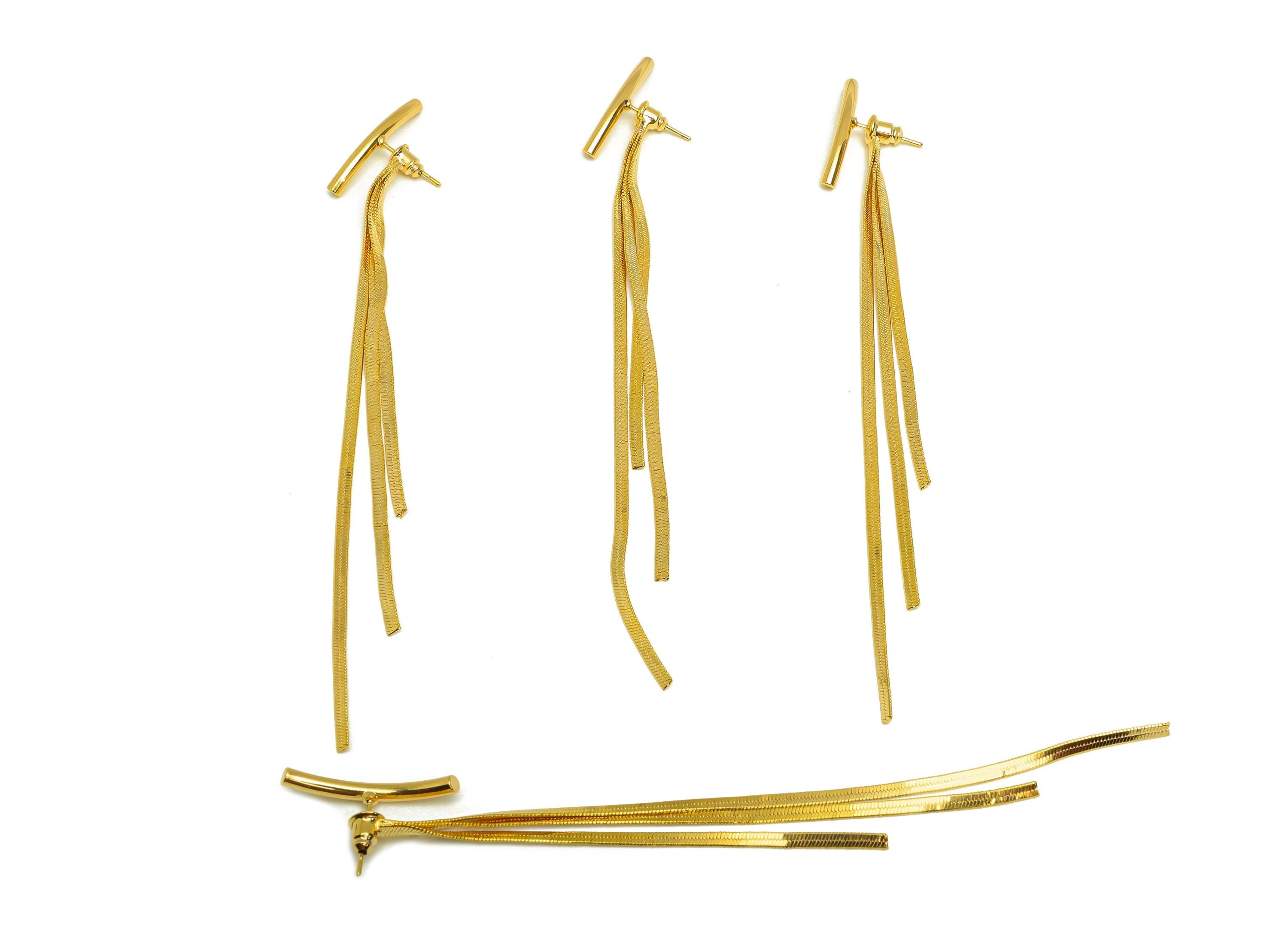 Brass Tassel Earring Stud - Bent Stick Tassel Wire Earring Post - Snake Chain Earring Post - 18K Real Gold Plated - 112x24x2.5mm - RGP7530 - DOMEDBAZAAR