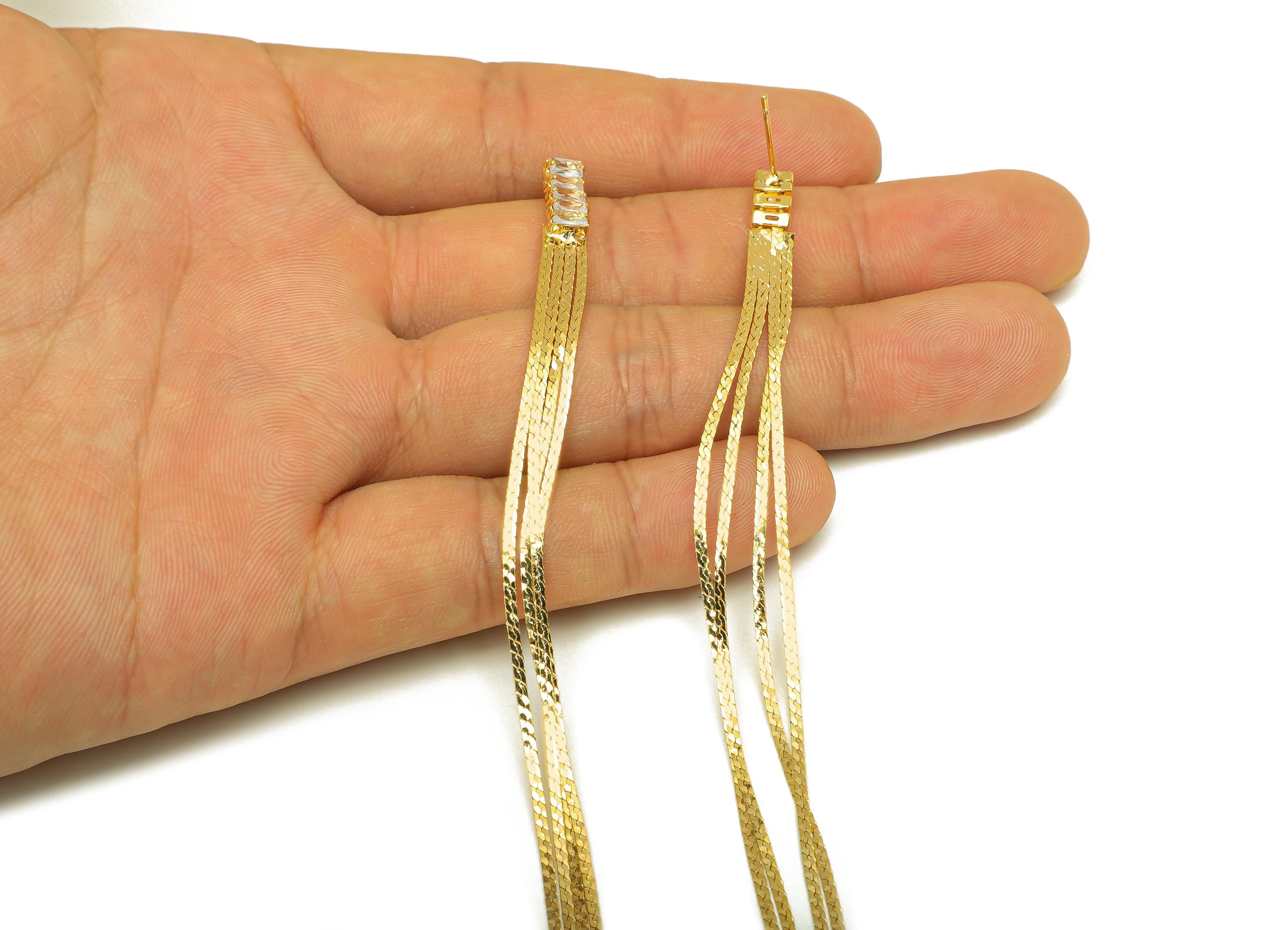 Brass Tassel Earring Stud - Tassel Wire Earring Post - Zircon Chian Snake Chain Earring Post - 18K Real Gold Plated - 118x6x1mm - RGP7509 - DOMEDBAZAAR