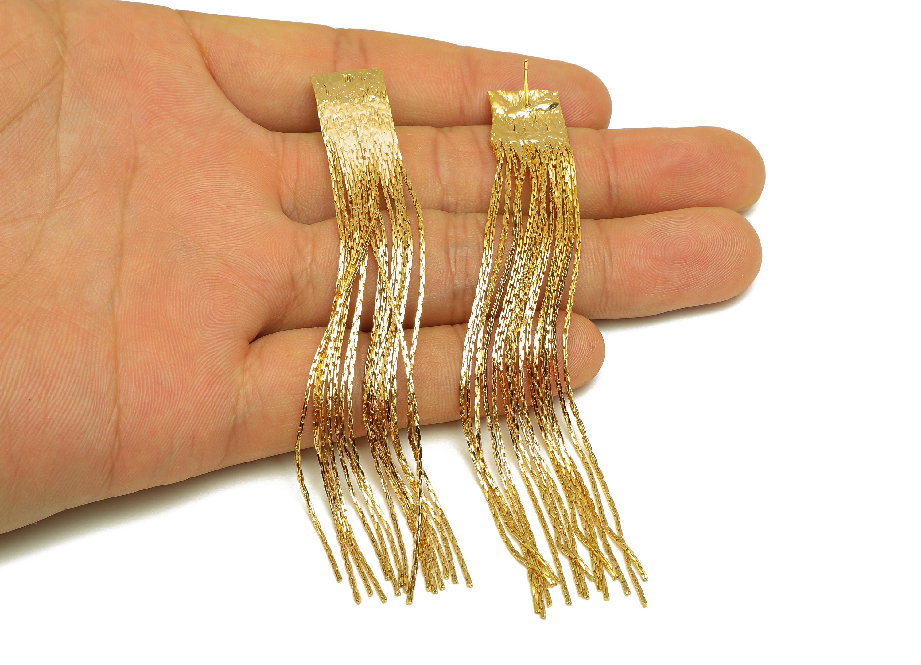 Brass Tassel Earring Stud - Wide Tassel Wire Earring Post - Brass Snake Chain Earring Post - 18K Real Gold Plated - 112x24x2.5mm - RGP7514 - DOMEDBAZAAR