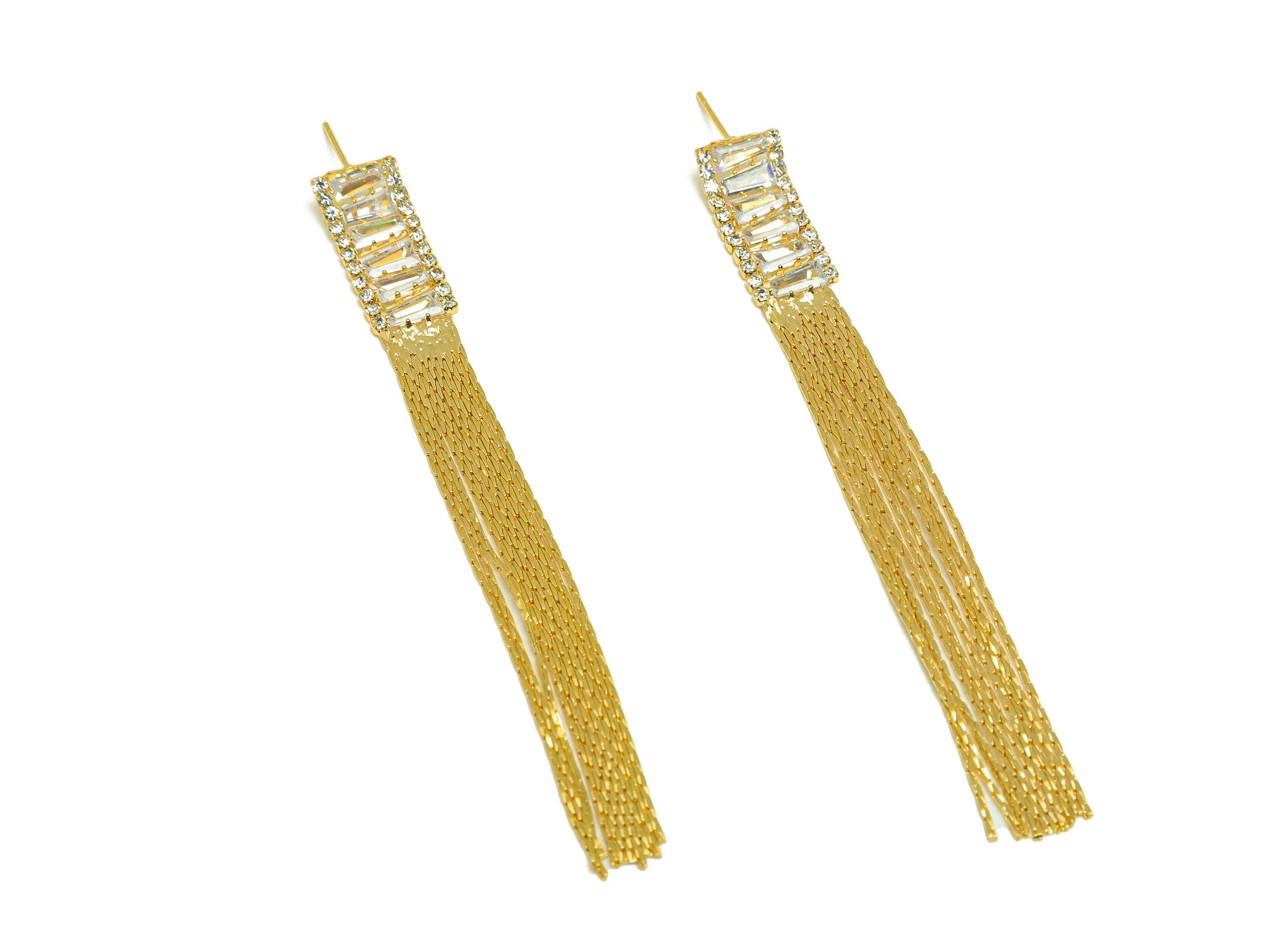 Brass Tassel Earring Stud - Trapezoid Tassel Wire Earring Post - Zircon Snake Chian Earring Post - 18K Real Gold Plated - 90x9x2mm -RGP7505 - DOMEDBAZAAR