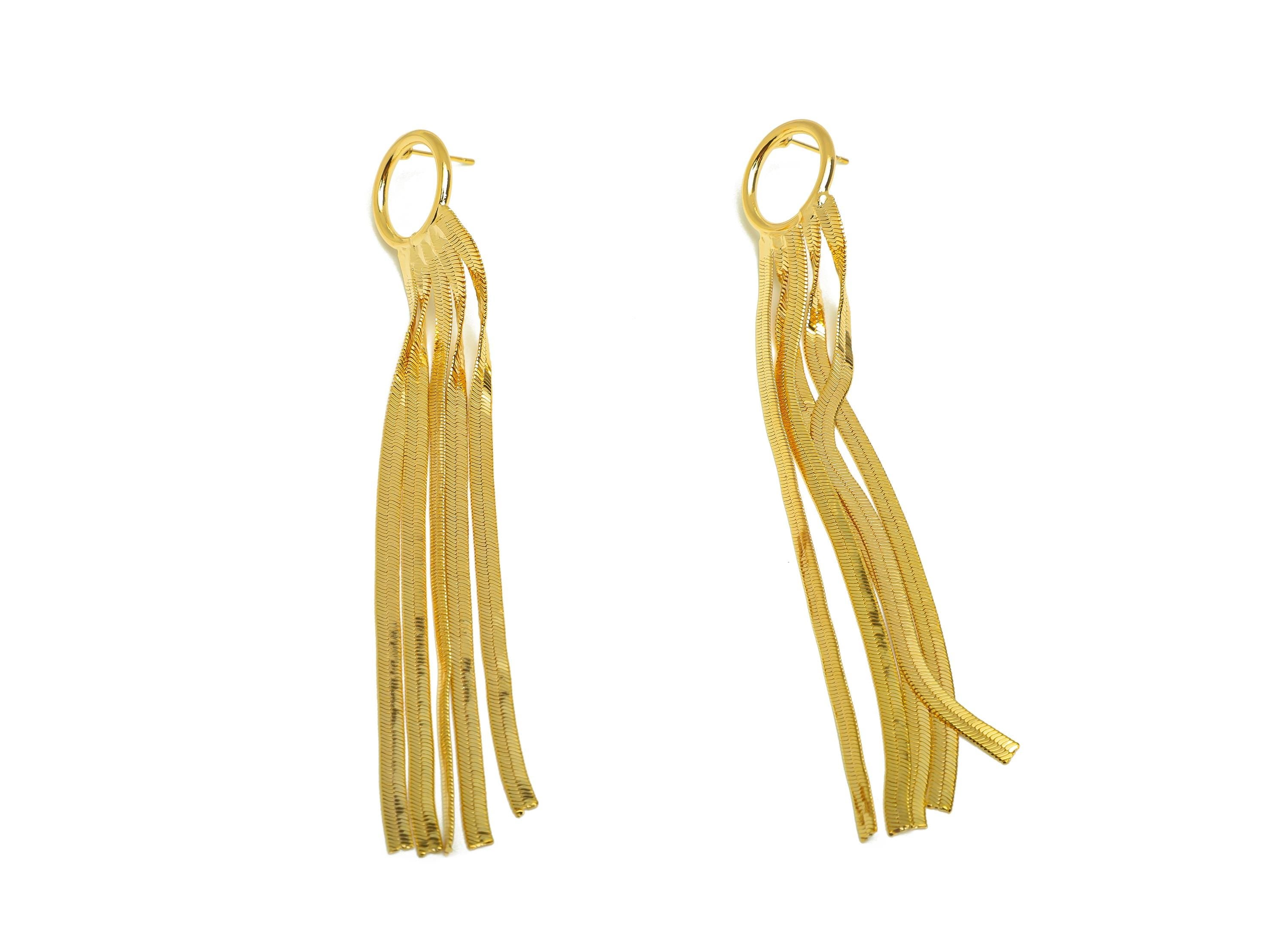 Brass Tassel Earring Stud - Round Tassel Wire Earring Post - Brass Snake Chain Earring Post - 18K Real Gold Plated - 112x24x2.5mm - RGP7508 - DOMEDBAZAAR