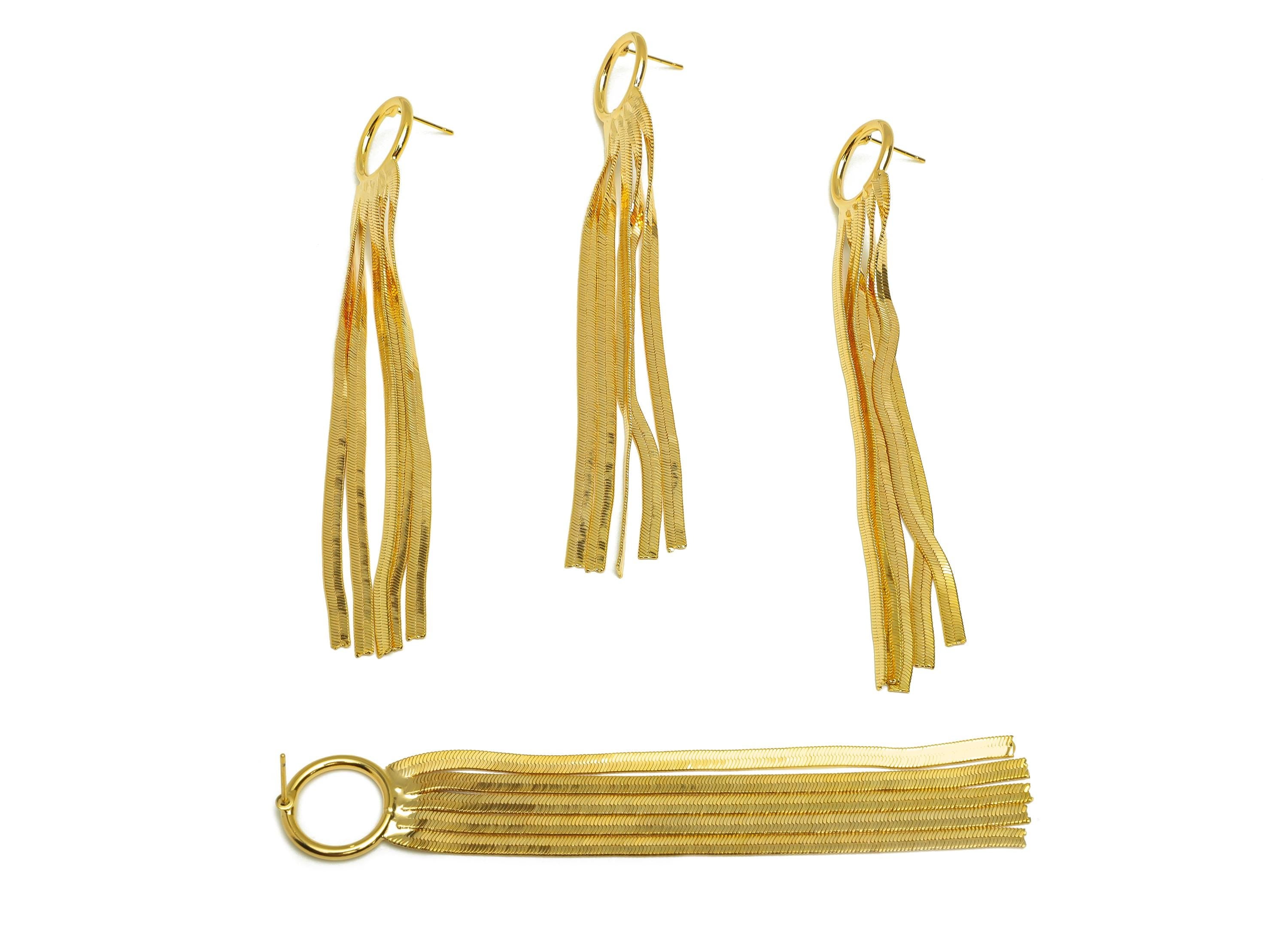 Brass Tassel Earring Stud - Round Tassel Wire Earring Post - Brass Snake Chain Earring Post - 18K Real Gold Plated - 112x24x2.5mm - RGP7508 - DOMEDBAZAAR