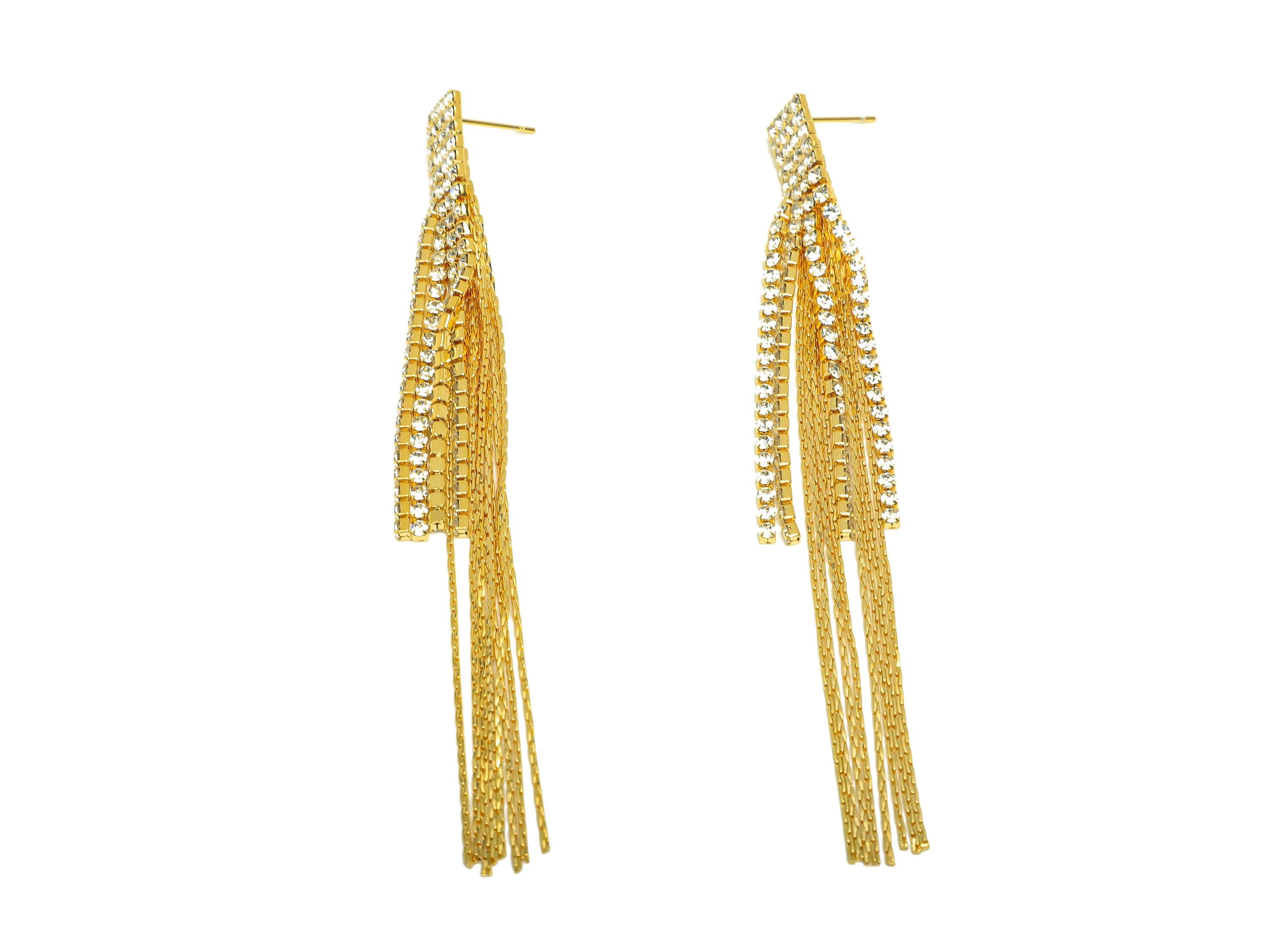Brass Tassel Earring Stud - Rectangle Tassel Wire Earring Post - Zircon Snake Chian Earring Post - 18K Real Gold Plated - 90x9x2mm -RGP7522 - DOMEDBAZAAR