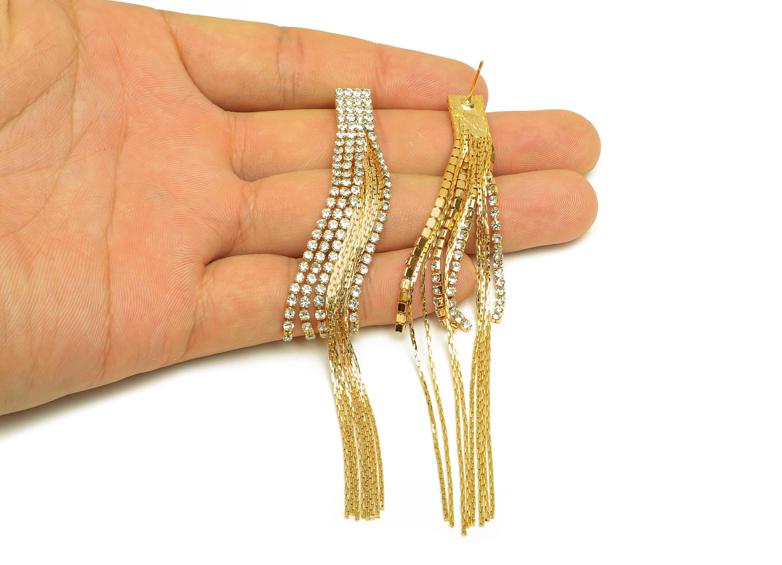 Brass Tassel Earring Stud - Rectangle Tassel Wire Earring Post - Zircon Snake Chian Earring Post - 18K Real Gold Plated - 90x9x2mm -RGP7522 - DOMEDBAZAAR