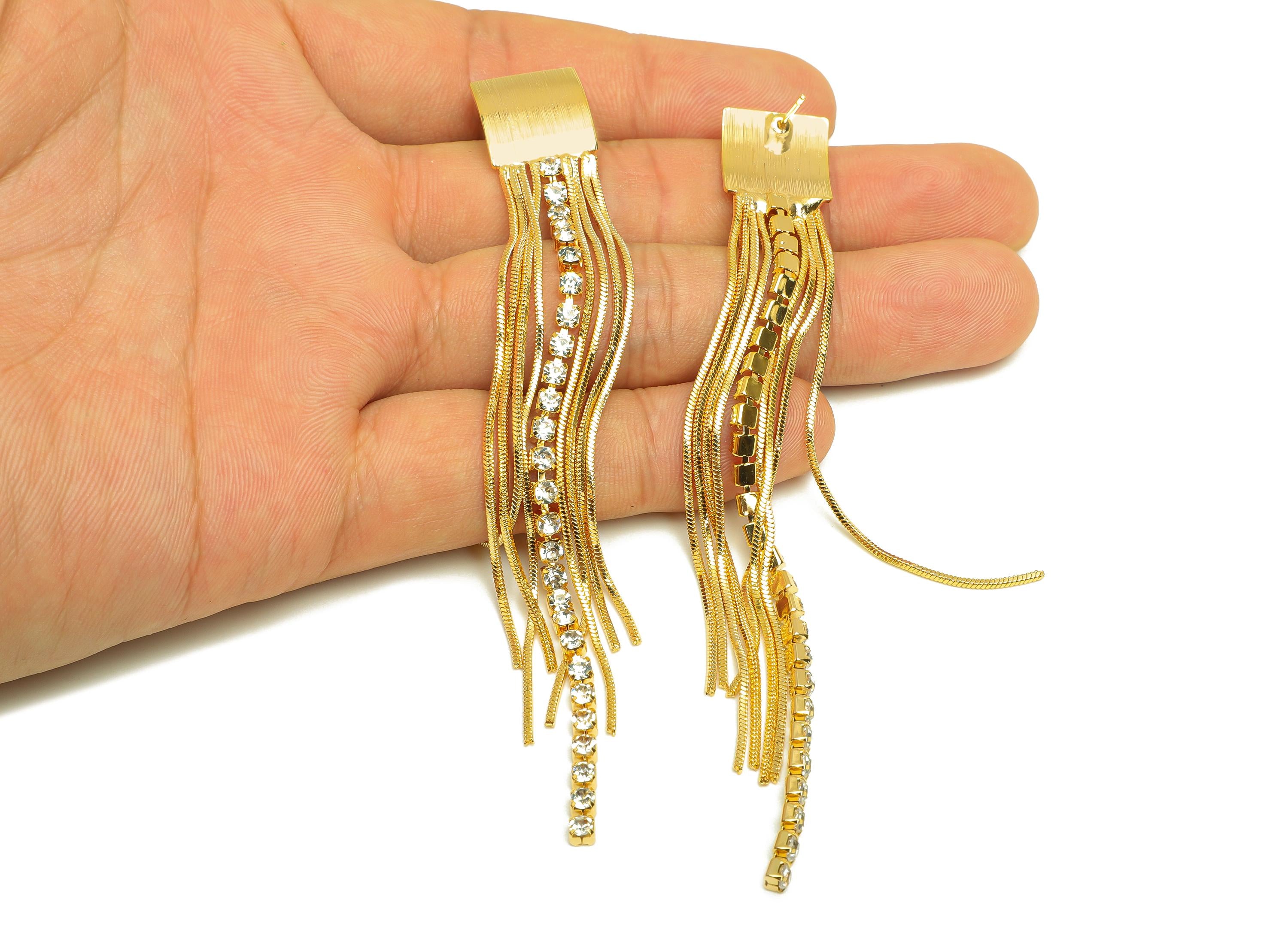 Brass Tassel Earring Stud - Bent Square Tassel Earring Post - Zircon Snake Chian Earring Post - 18K Real Gold Plated - 109x13x1mm - RGP7524 - DOMEDBAZAAR