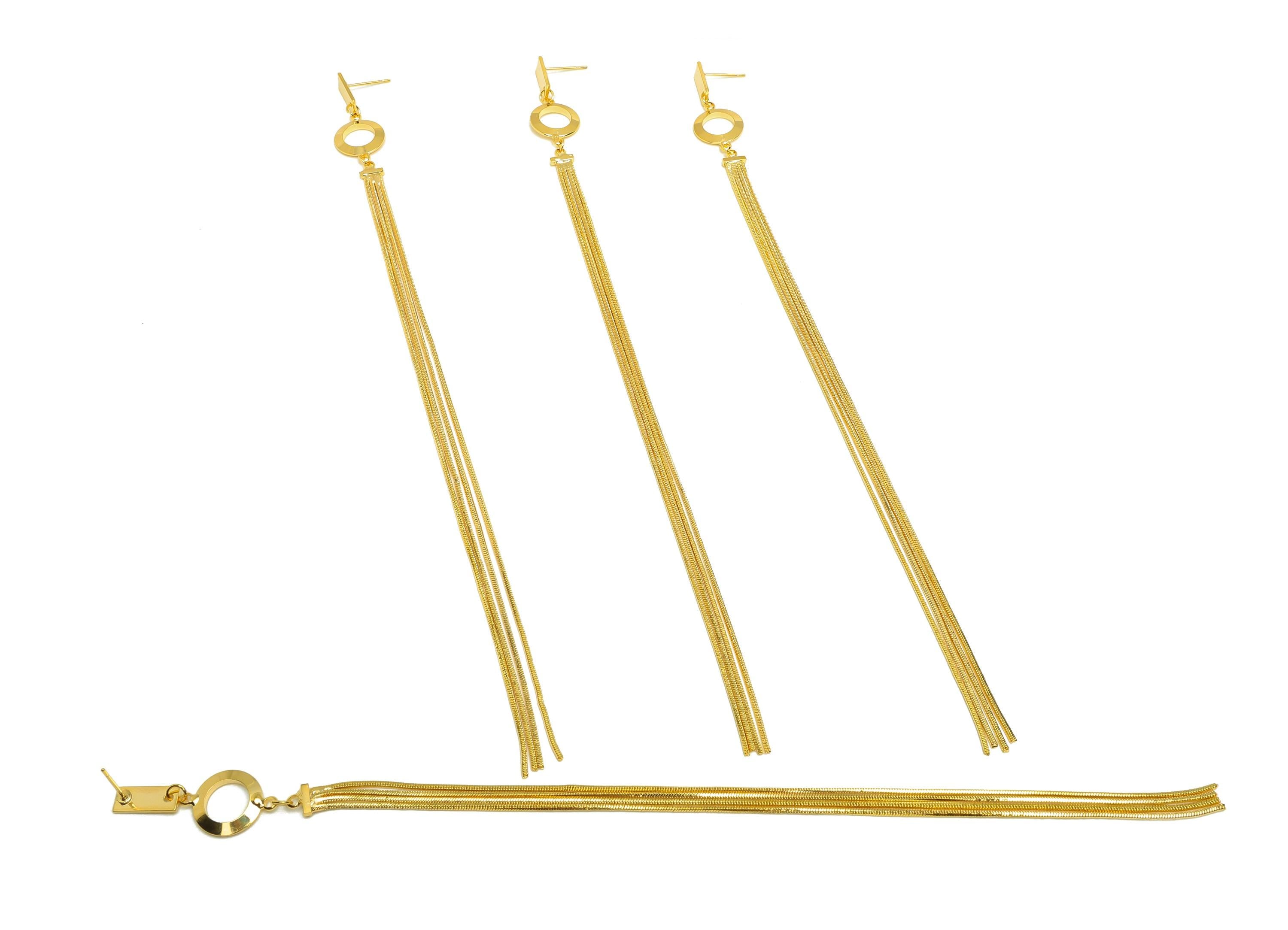 Brass Tassel Earring Stud - Geometry Tassel Earring Post - Long Snake Chian Earring Post - 18K Real Gold Plated - 205x12x1.79mm - RGP7506 - DOMEDBAZAAR