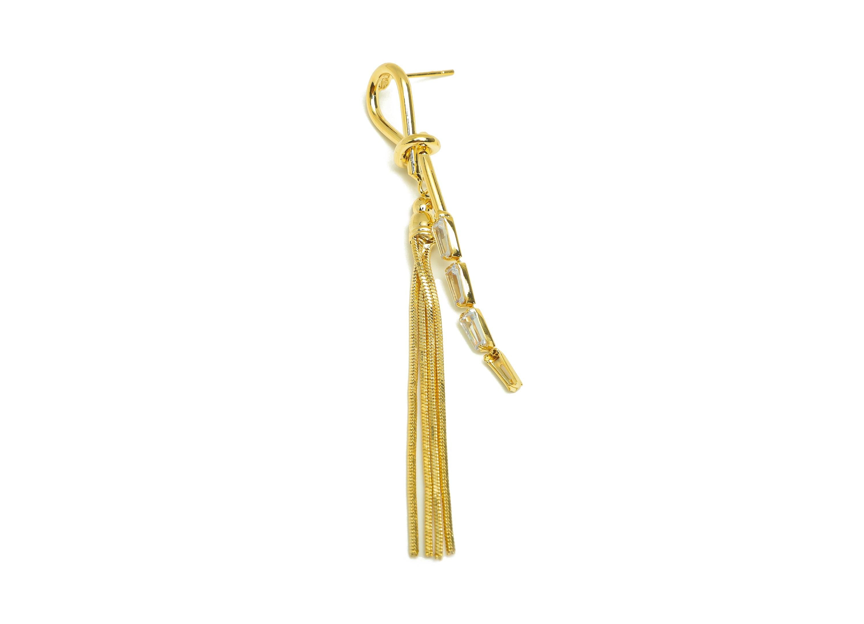 Brass Tassel Earring Stud - Brass Knot Trapezoid CZ Earring Post - Zircon Snake Chian Earring Post - 18K Real Gold Plated -84x10x2mm-RGP7502 - DOMEDBAZAAR