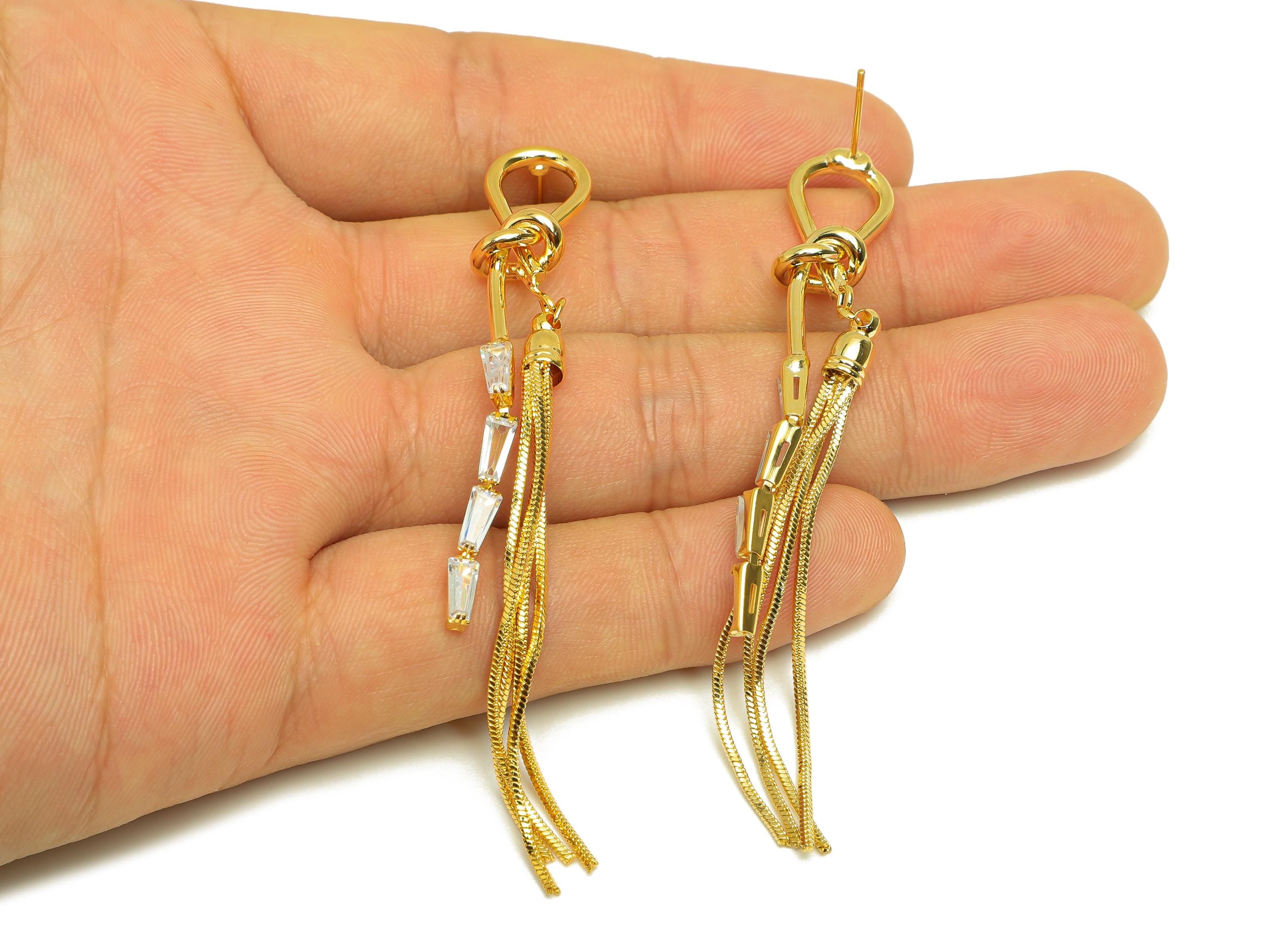 Brass Tassel Earring Stud - Brass Knot Trapezoid CZ Earring Post - Zircon Snake Chian Earring Post - 18K Real Gold Plated -84x10x2mm-RGP7502 - DOMEDBAZAAR