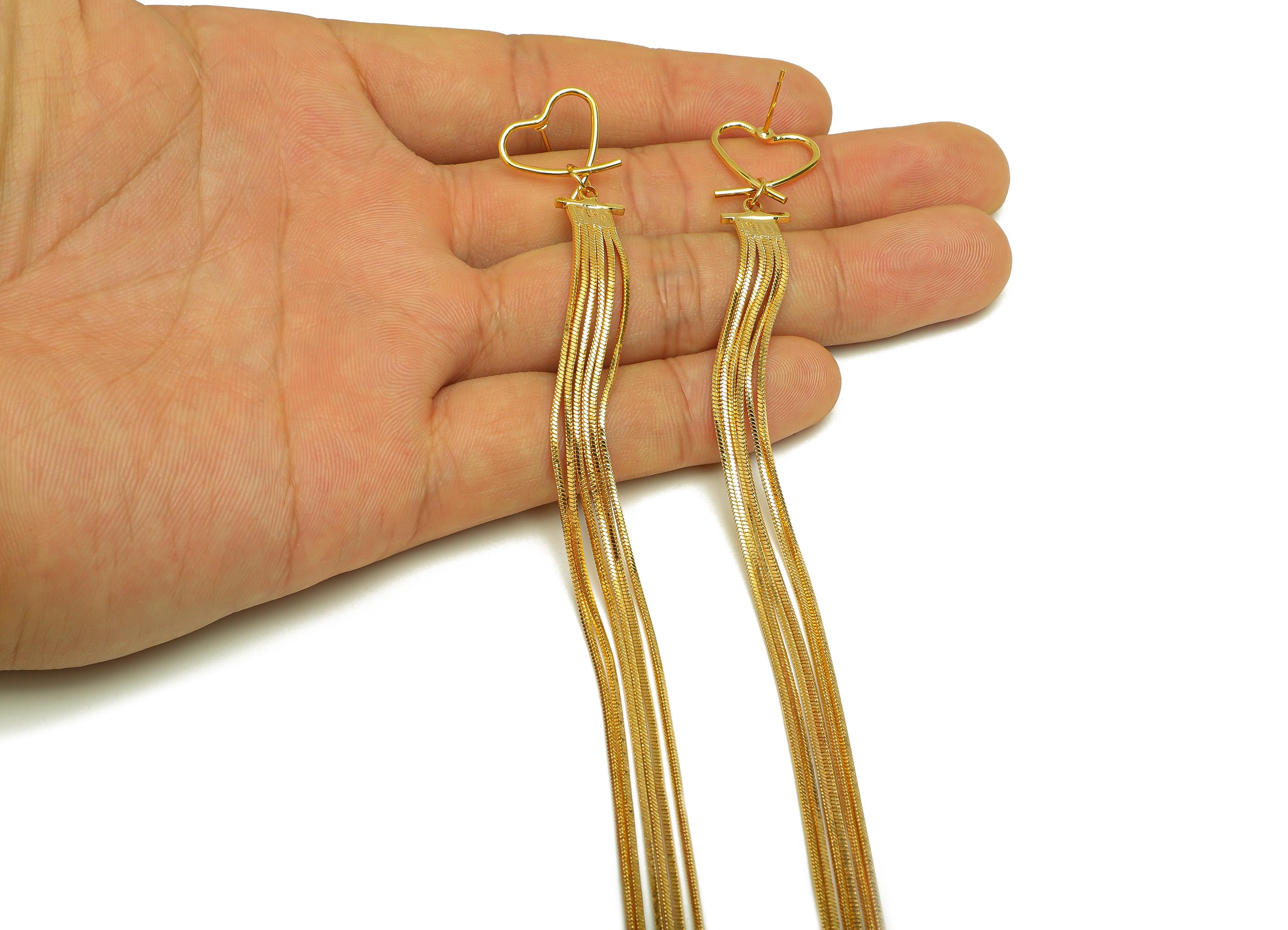 Brass Tassel Earring Stud - Brass Heart Tassel Earring Post - Heart Wire Snake Chain Post - 18K Real Gold Plated - 160x15x1mm - RGP7504 - DOMEDBAZAAR