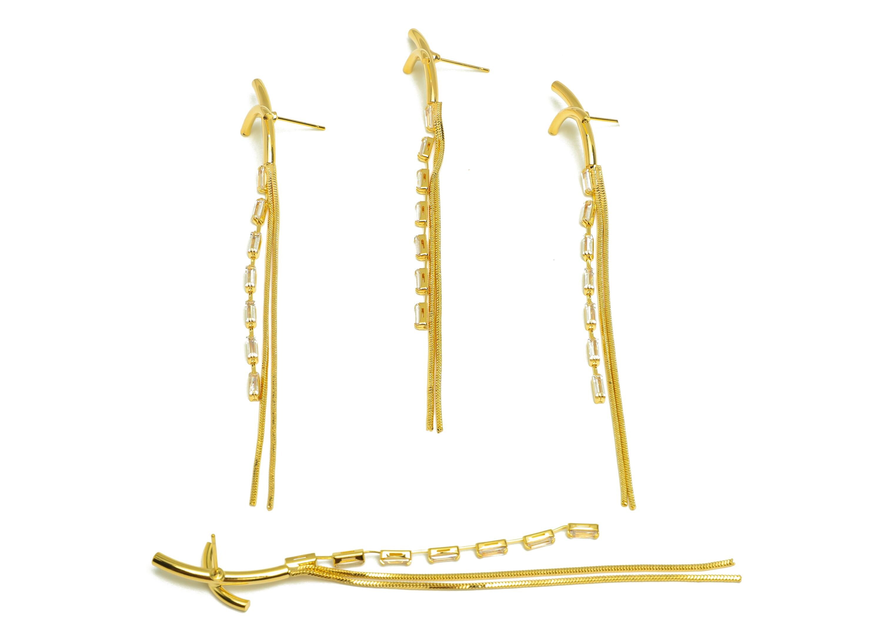 Brass Tassel Earring Stud - Bent Stick Tassel Earring Post -Rectangle Zircon Snake Chian Post - 18K Real Gold Plated - 100x13x2mm - RGP7535 - DOMEDBAZAAR