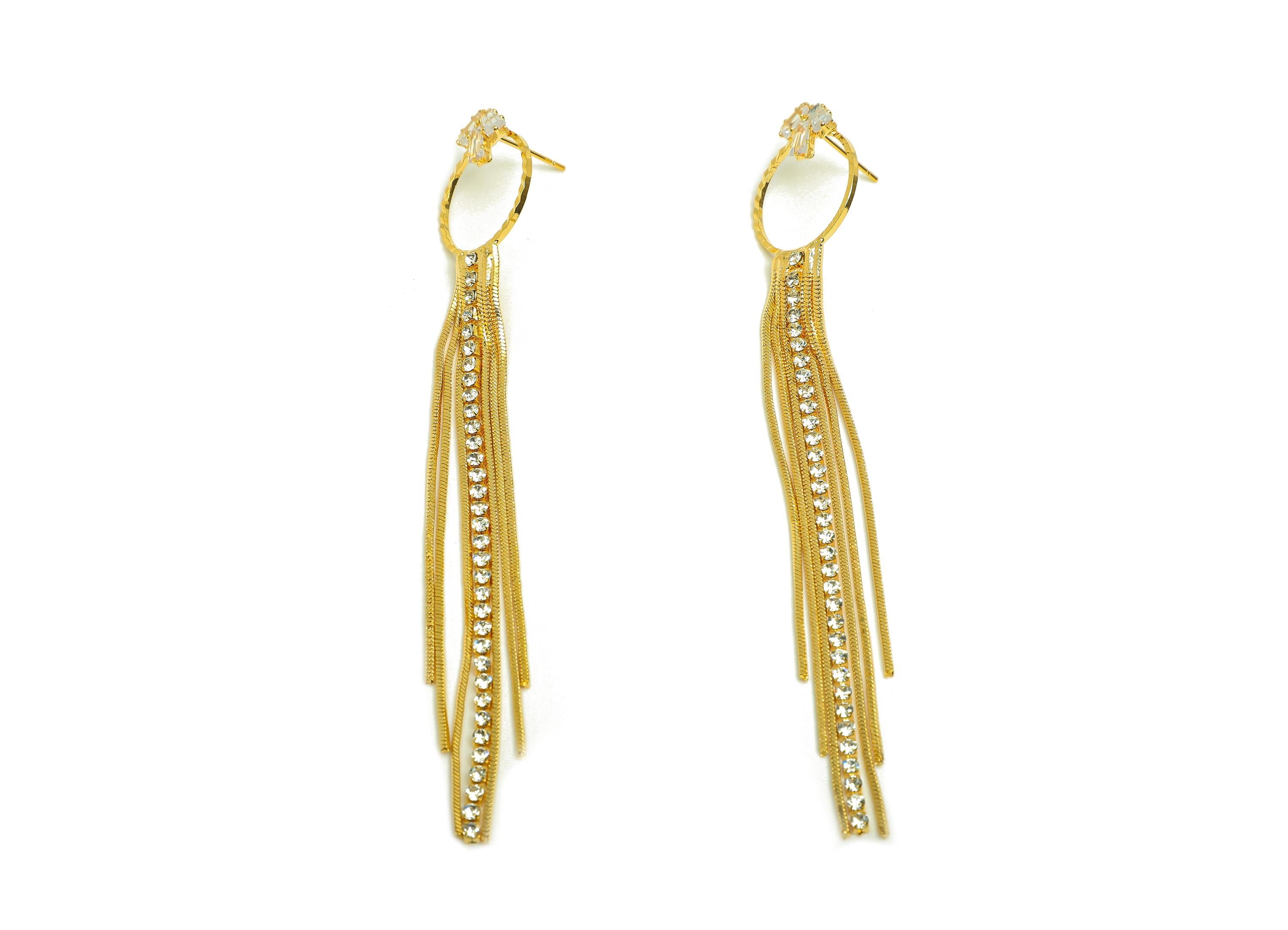 Brass Tassel Earring Stud - Round Tassel Earring Post - Trapezoid Zircon Snake Chian Post - 18K Real Gold Plated - 106x17x0.96mm - RGP7496 - DOMEDBAZAAR